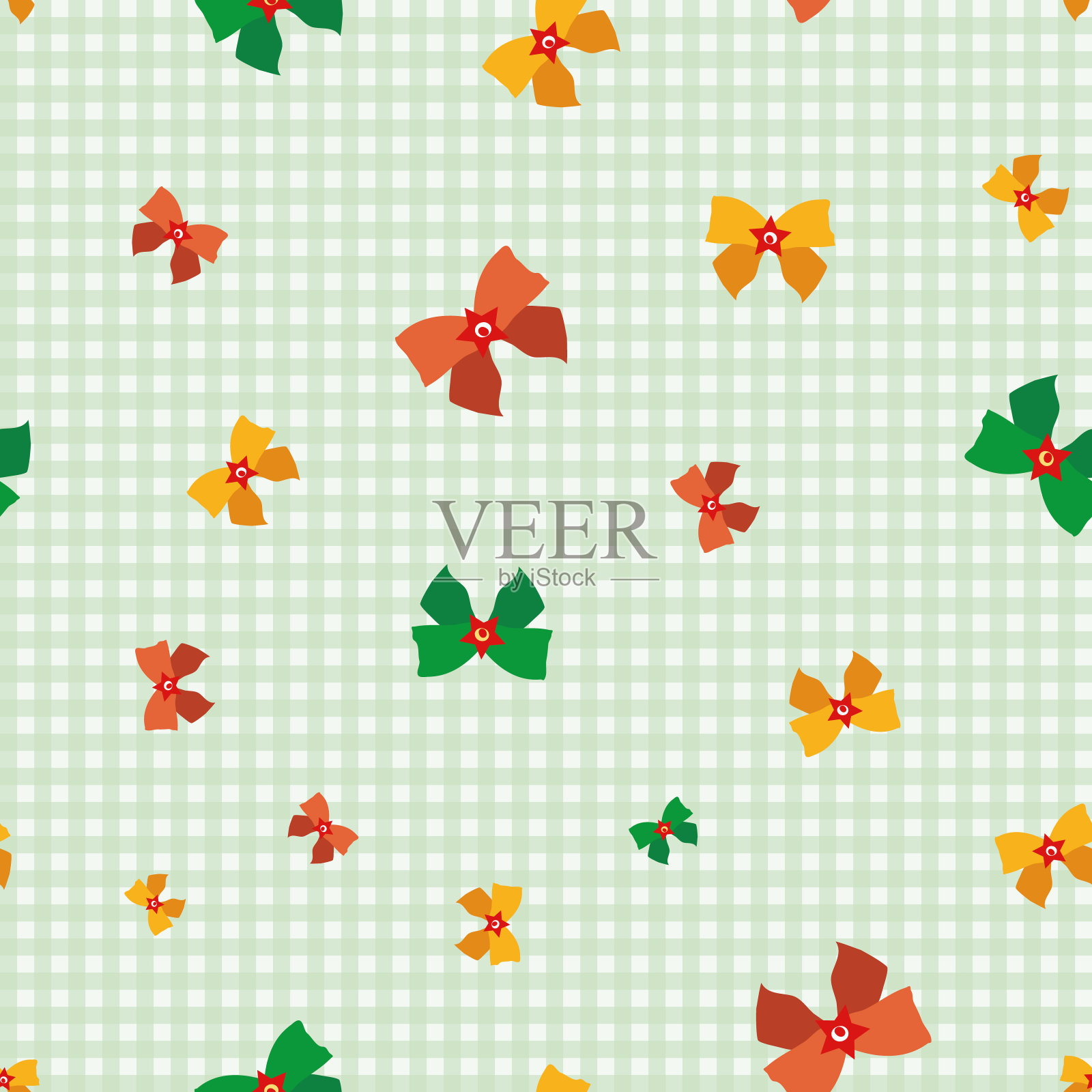 矢量红、绿、金礼品蝴蝶结无缝图案背景。散落的装饰礼物蝴蝶结在绿色格子布背景。手绘圣诞现代复古全印刷为节日季节。插画图片素材
