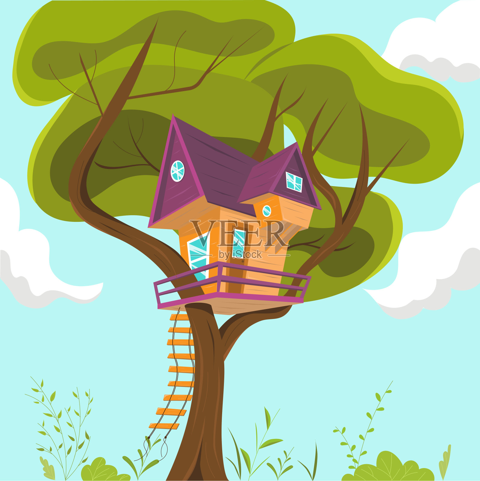树上的房子。卡通风格矢量插图插画图片素材