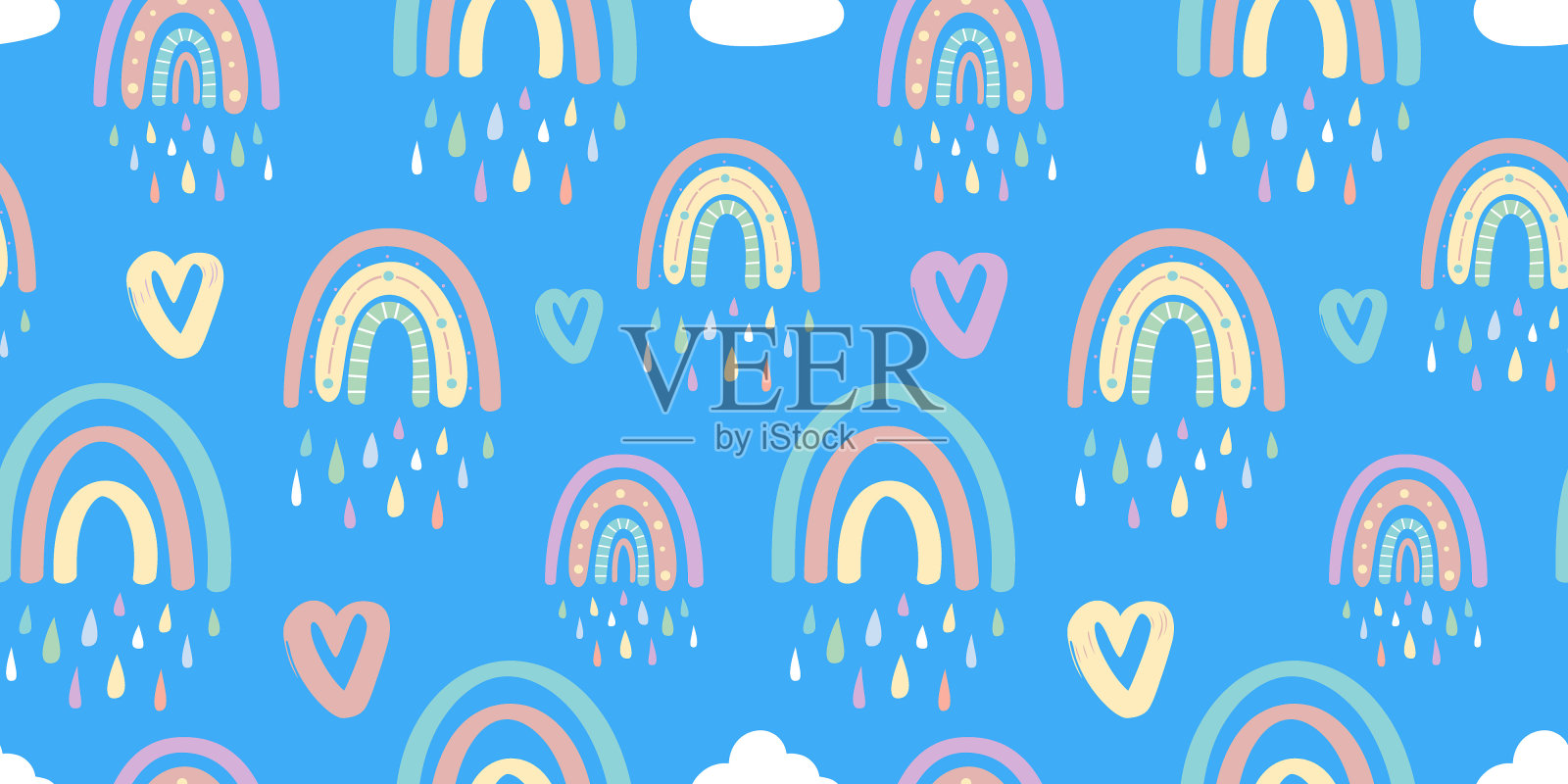 可爱的彩虹和心形无缝图案。情人节的浪漫图案。创意儿童插画在时尚的斯堪的纳维亚风格。矢量图插画图片素材