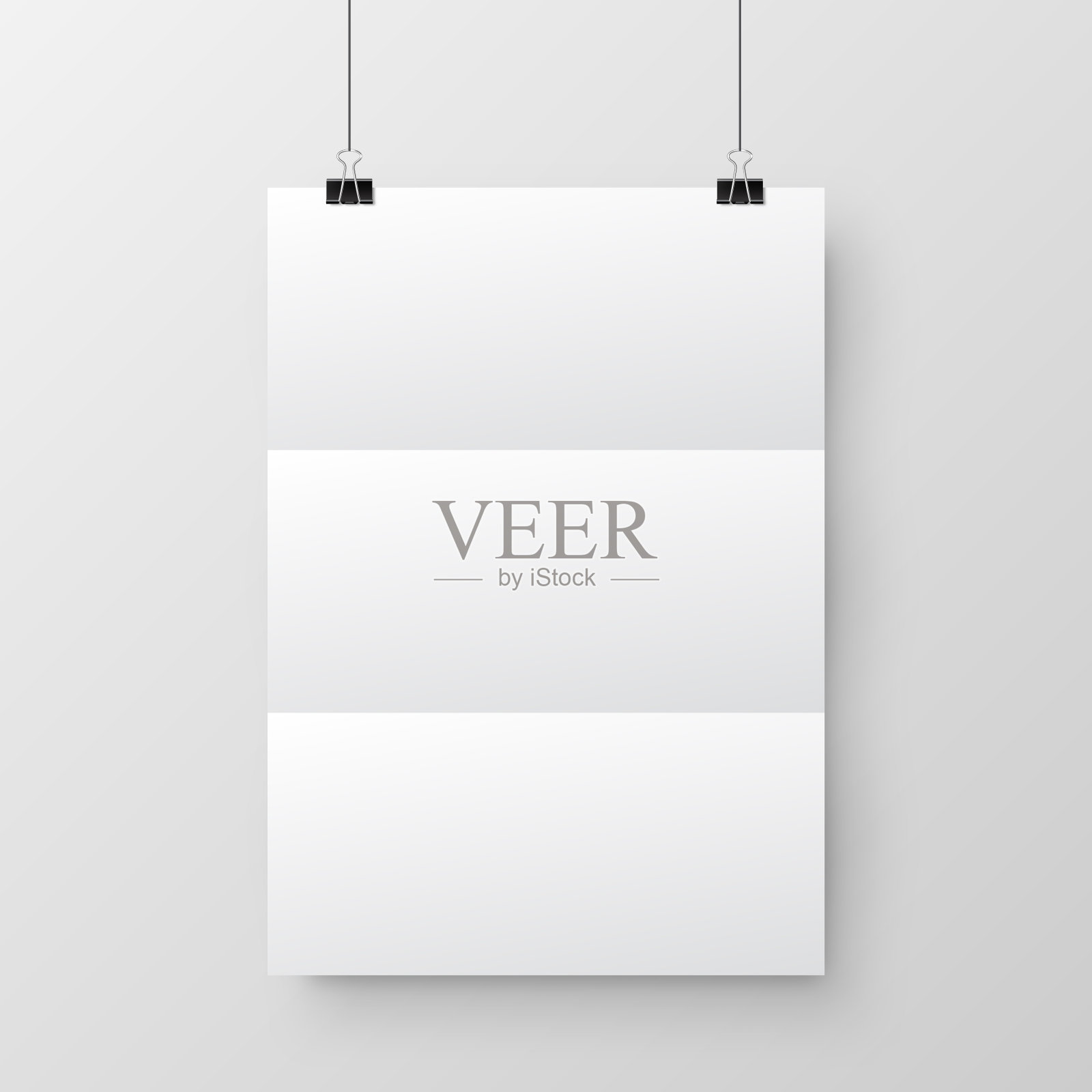 真实悬挂空白纸与阴影A4格式和黑色回形针，装订在灰色背景。设计海报，模板或模型。矢量图插画图片素材