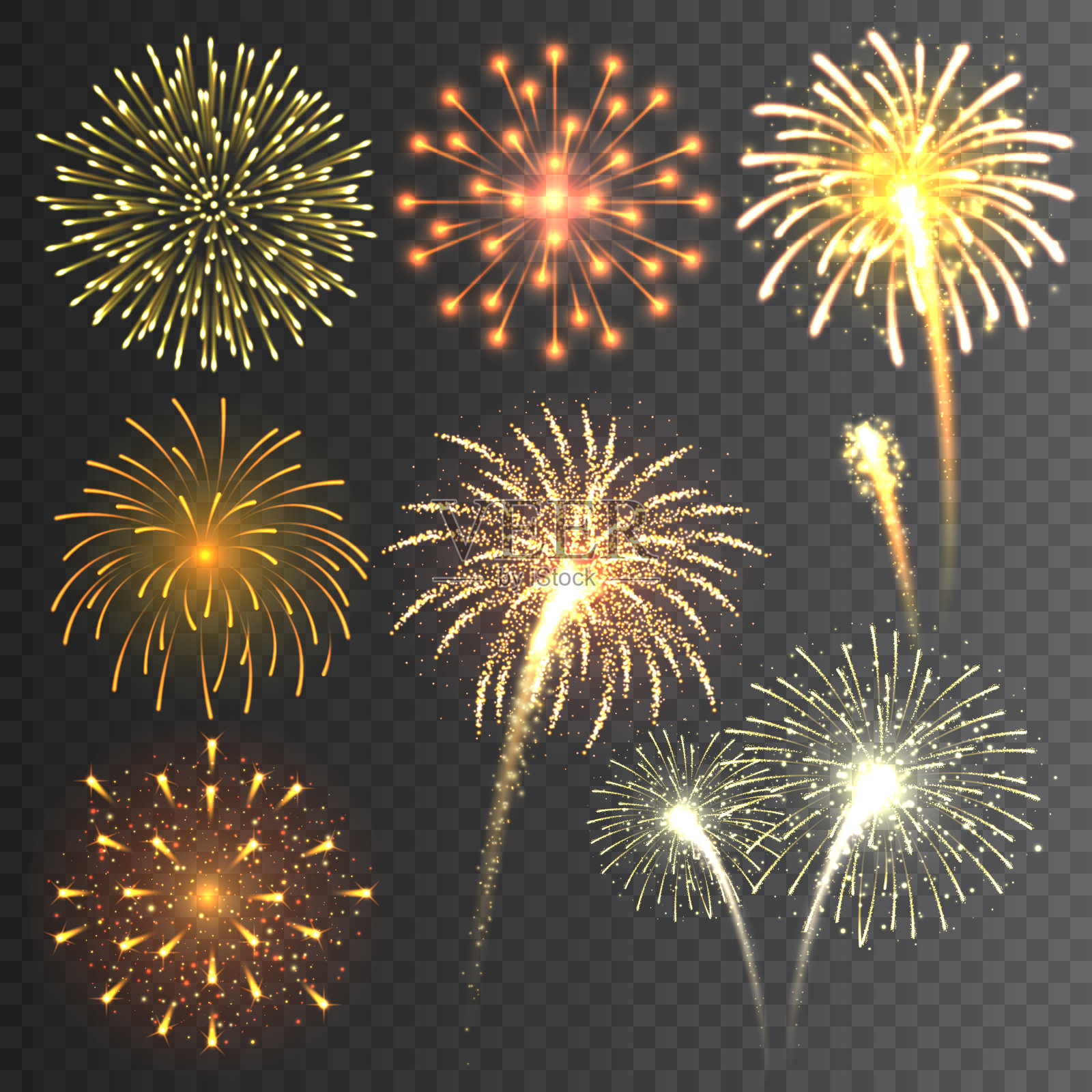 节日烟花收藏。逼真的彩色烟花在透明的背景。五彩缤纷的爆炸。圣诞或新年贺卡元素。矢量图插画图片素材