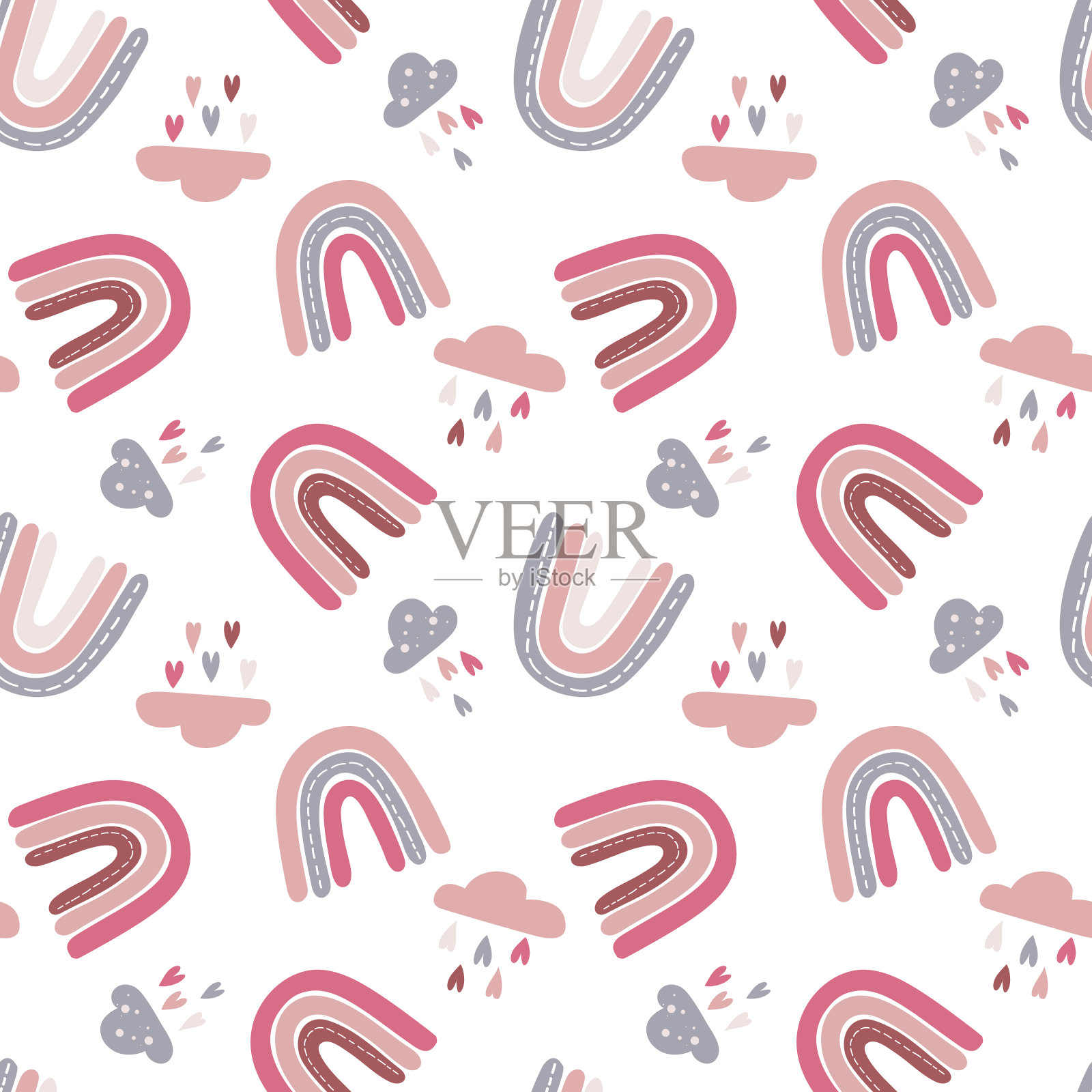 天衣无缝的童真图案搭配新潮的彩虹和心云。创造性的斯堪的纳维亚孩子纹理的织物，包装，纺织品，壁纸，幼稚的服装。矢量图插画图片素材