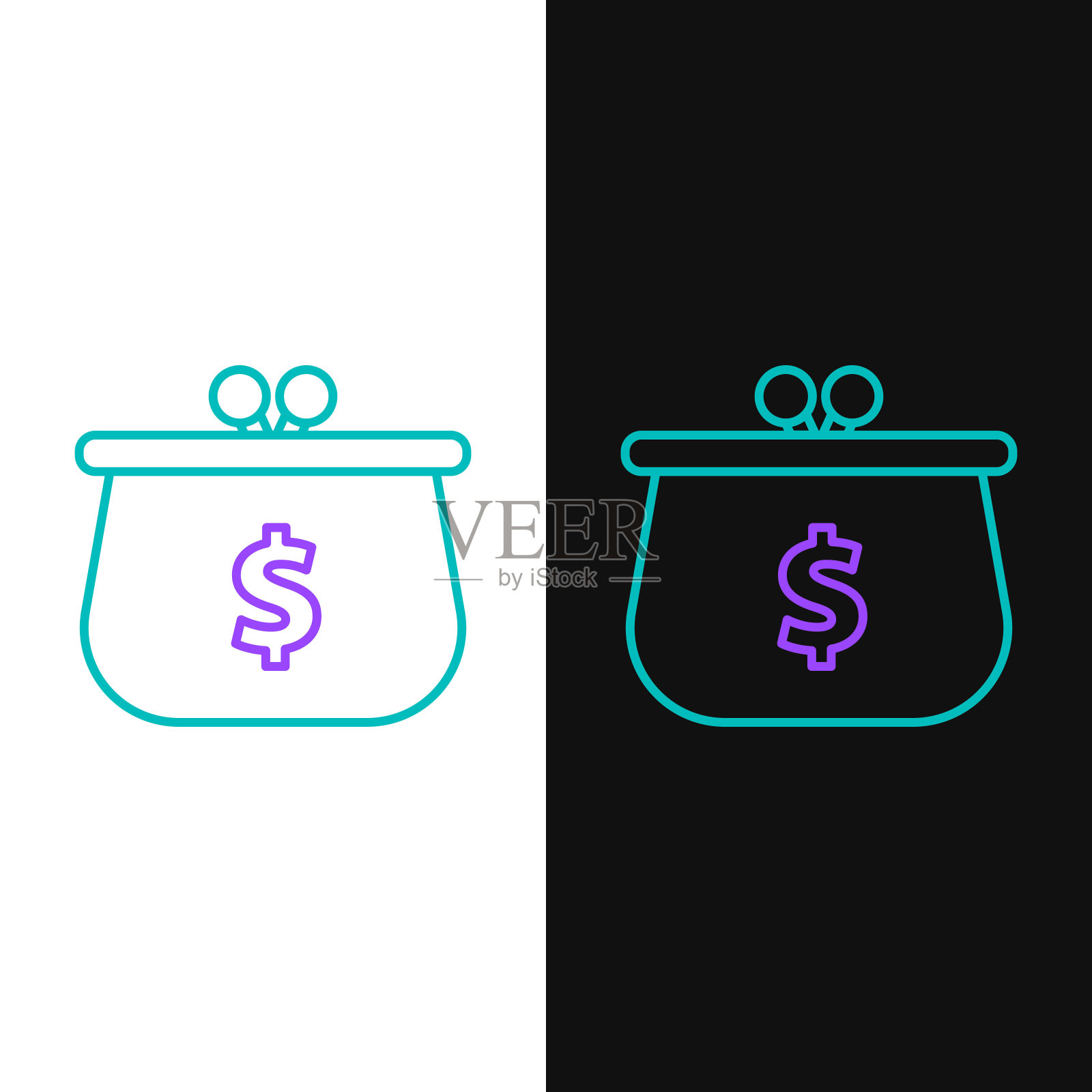 绿色和紫色线钱包与美元符号图标隔离在白色和黑色的背景。钱包图标。现金储蓄符号。矢量图插画图片素材