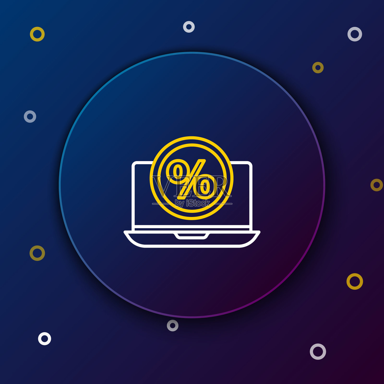 线百分比符号折扣和笔记本电脑图标隔离在蓝色背景上。销售百分比-价格标签，标签。彩色轮廓概念。向量插画图片素材
