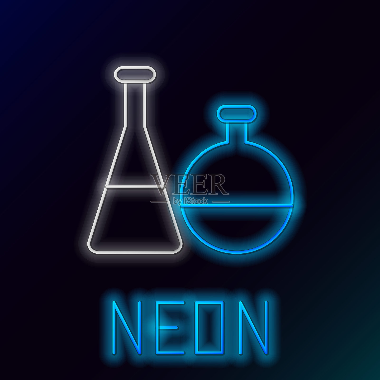 发光的霓虹灯线试管和烧瓶化学实验室测试图标孤立在黑色背景。实验室玻璃器皿。色彩斑斓的轮廓的概念。向量插画图片素材