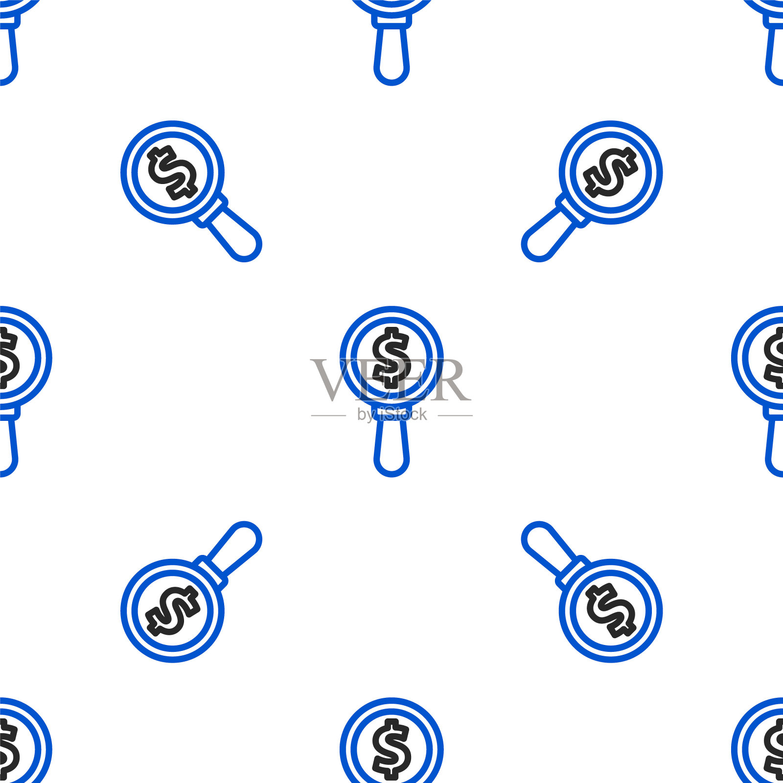 线条放大镜和美元符号图标隔离在白色背景上的无缝图案。找到钱。找钱。彩色轮廓概念。向量插画图片素材