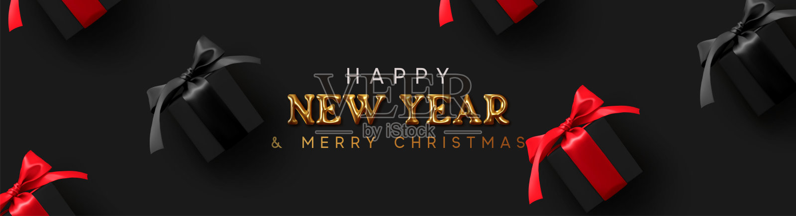 新年快乐。逼真的黑色礼品盒。图案与礼盒与红色蝴蝶结。圣诞礼物。深色背景金色文字字母。水平横幅，海报，标题网站。向量设计模板素材