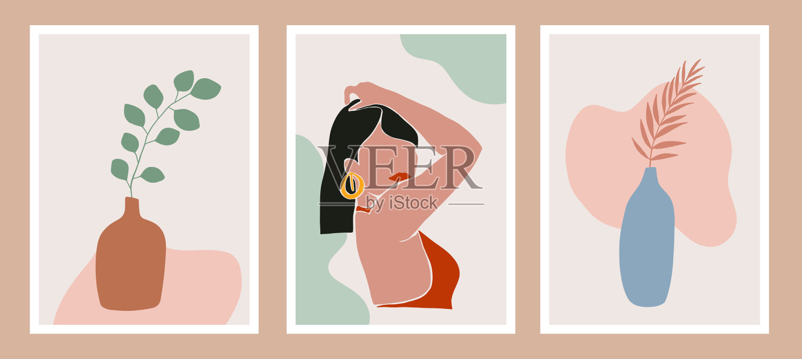 抽象的女性肖像。当代艺术海报集。插画图片素材