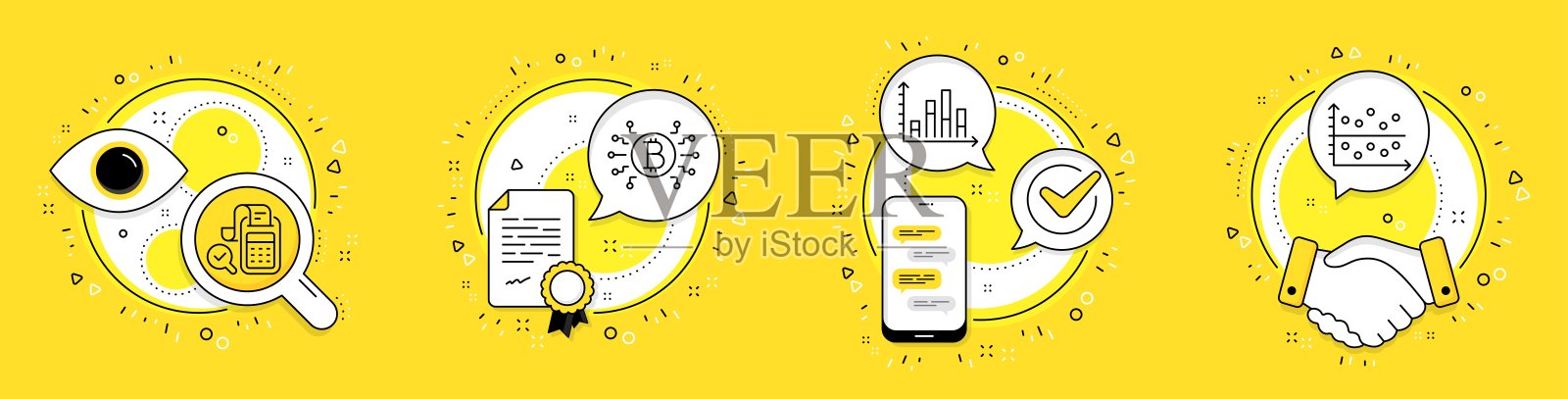 账单会计，图表和比特币系统图标集。点阴谋的迹象。向量插画图片素材