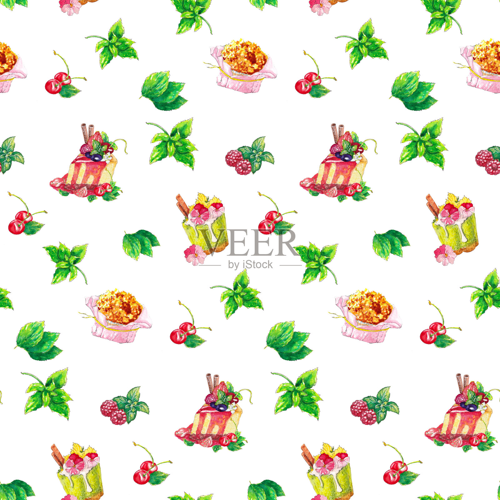 手绘水彩图案与甜点。插画图片素材