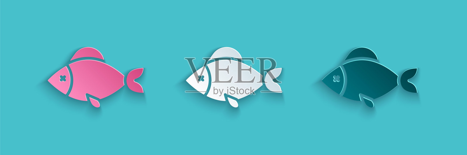 剪纸鱼图标孤立在蓝色背景。纸艺术风格。向量插画图片素材