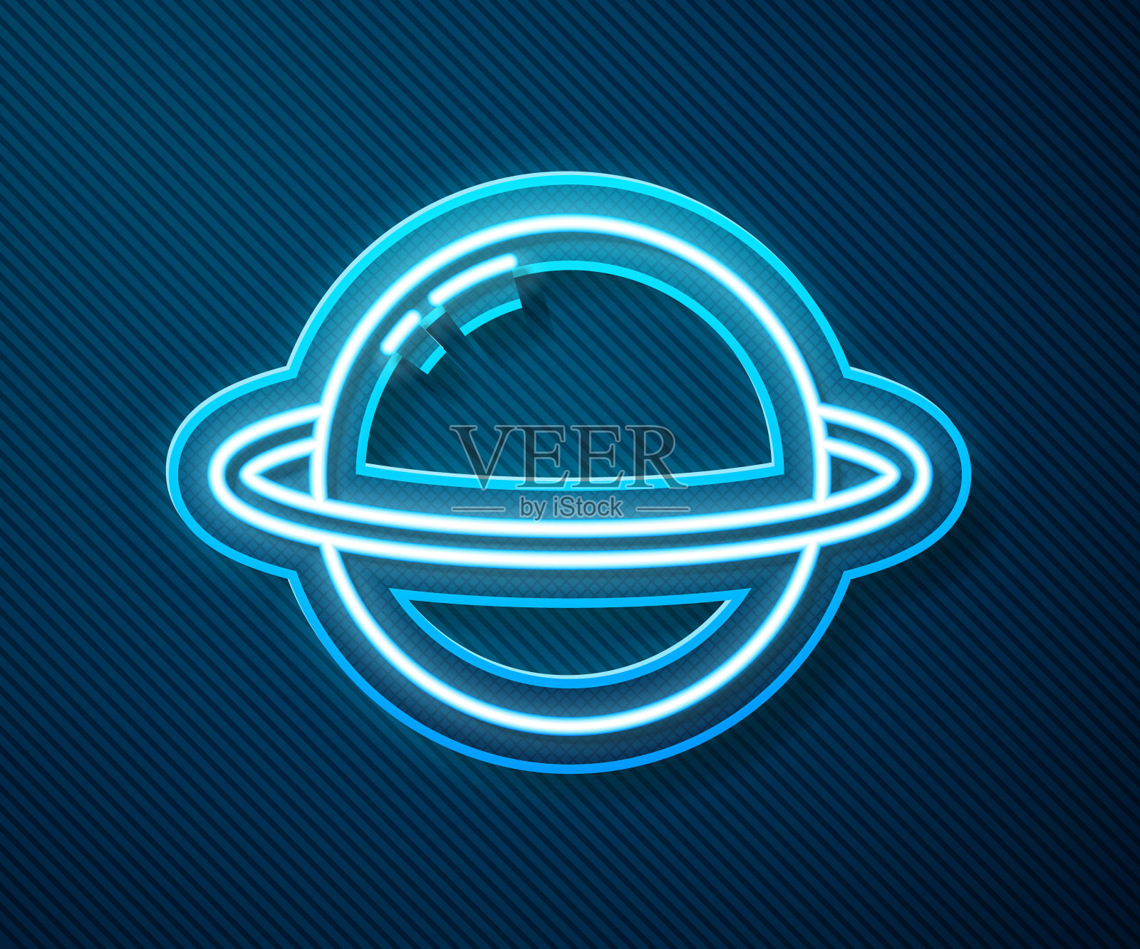 发光的氖线行星土星与行星环系统图标孤立在蓝色背景。向量插画图片素材