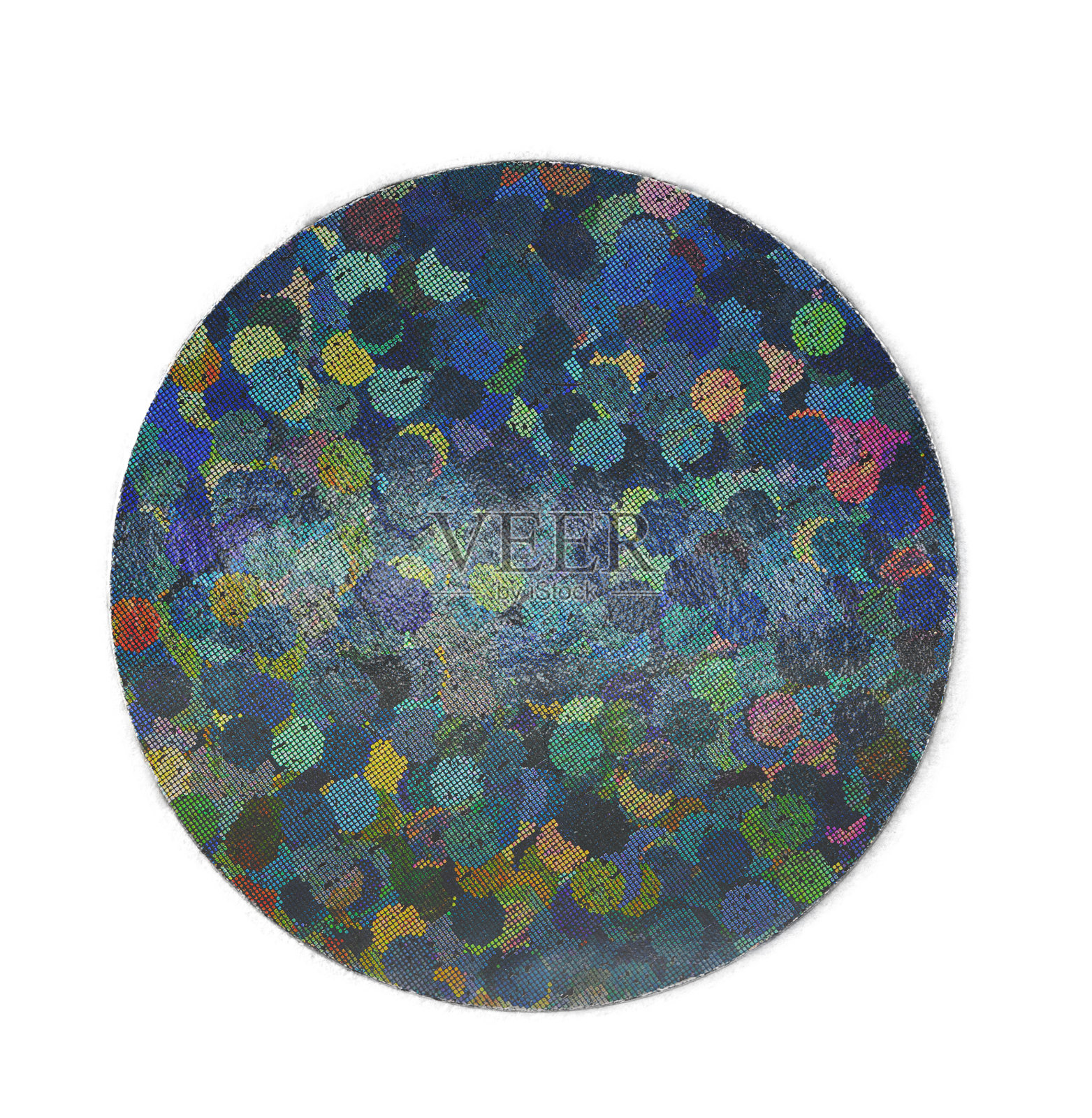 闪亮的圆形箔贴纸。冷蓝色纸全息胶带形状孤立在白色背景上。照片摄影图片