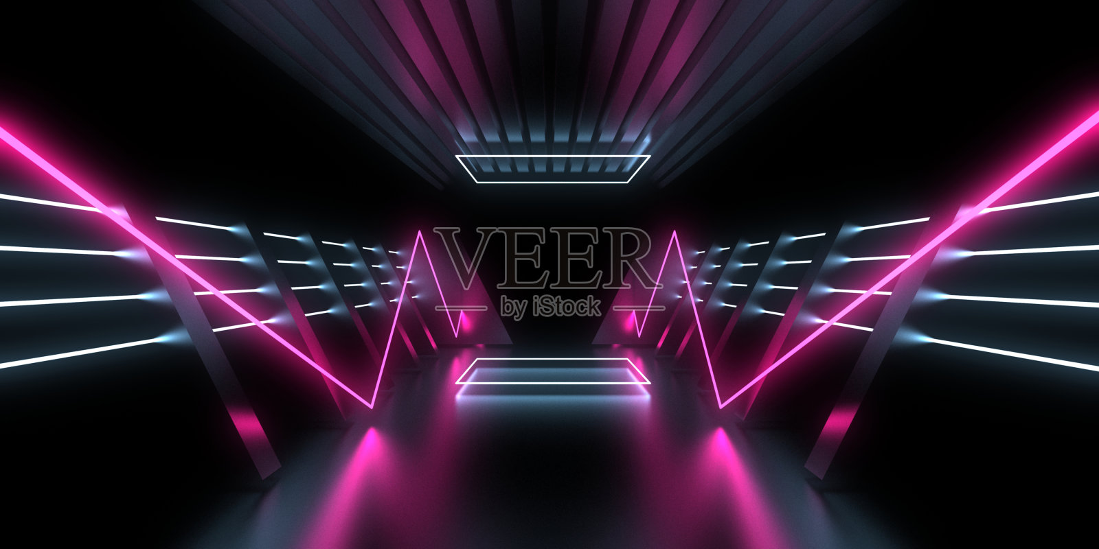 3D抽象背景与霓虹灯。霓虹隧道。空间建设。三维演示照片摄影图片