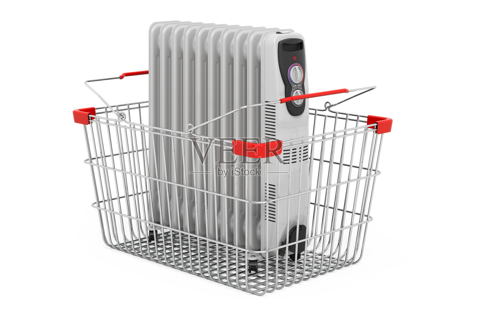 购物篮内的电油散热器，白色背景上的3D渲染隔离照片摄影图片