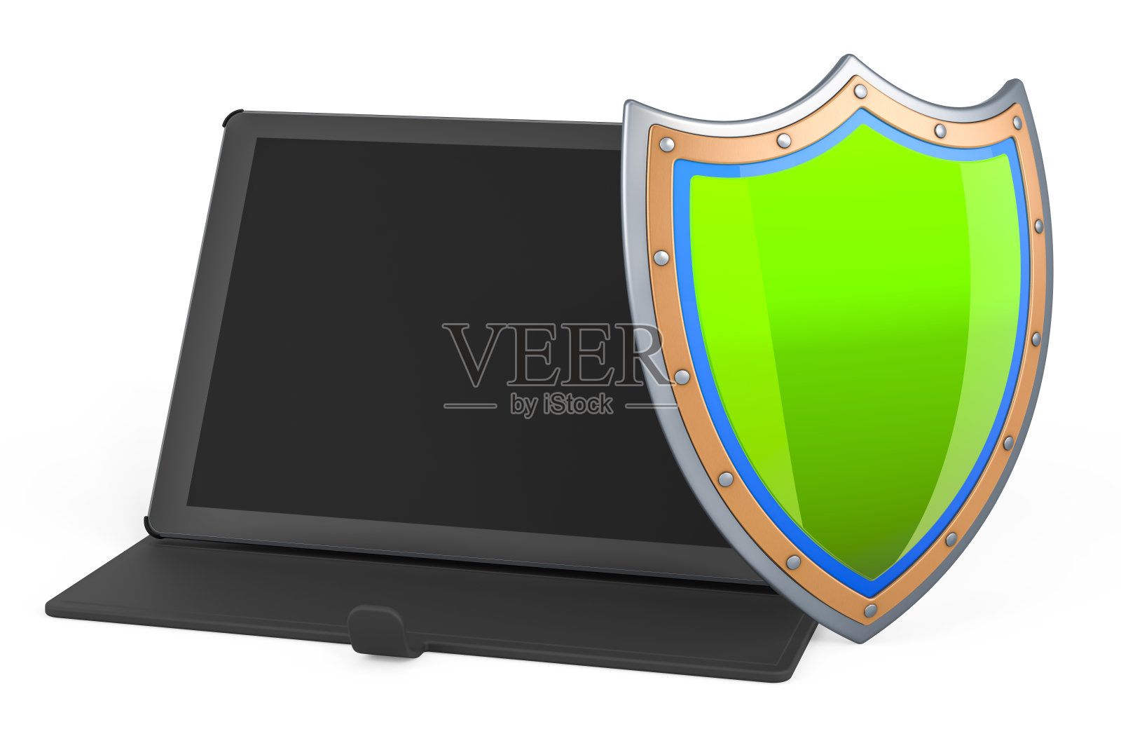 平板电脑与盾牌，3D渲染隔离在白色背景照片摄影图片