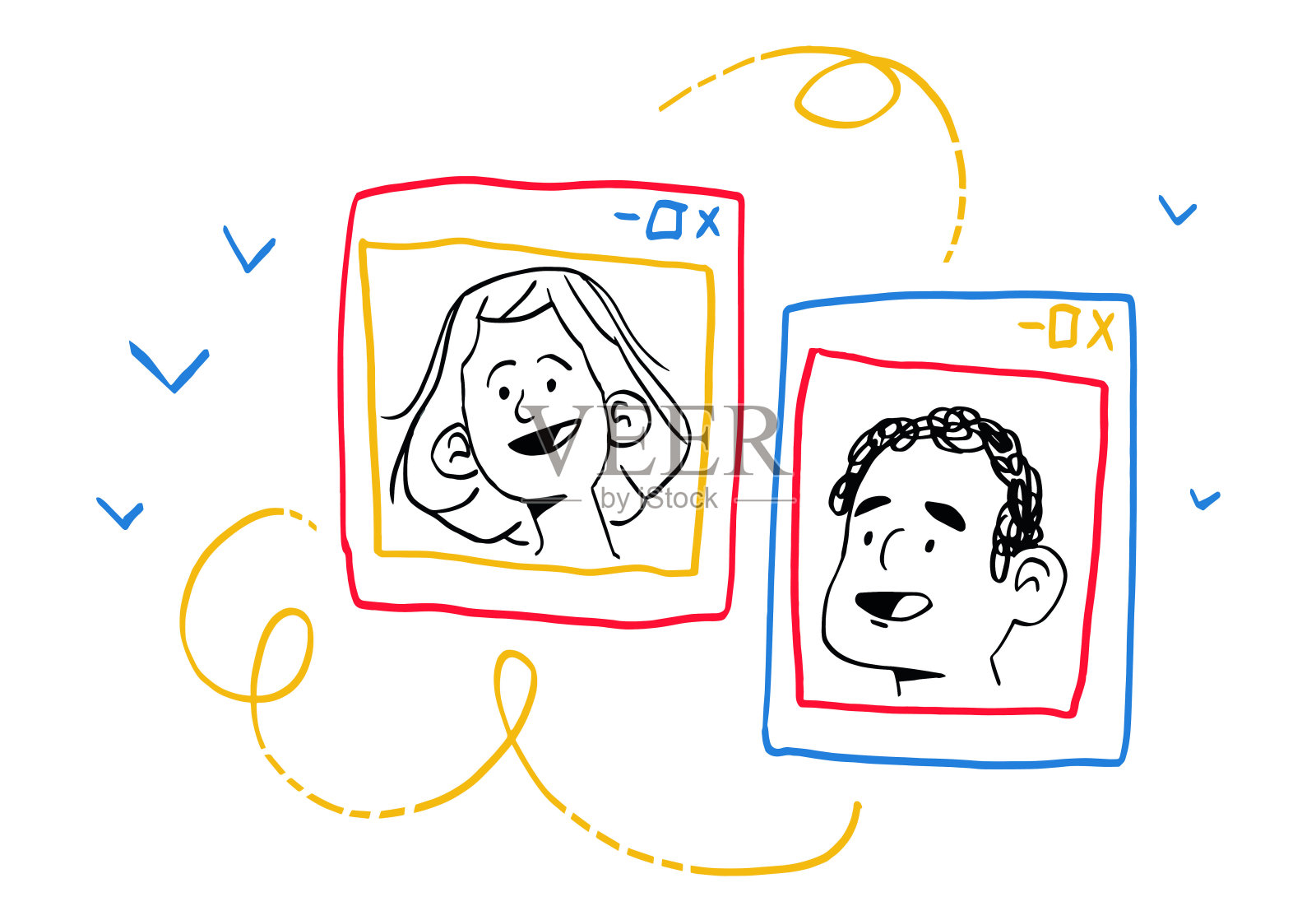 与女孩和男孩的虚拟交流，在小窗口。矢量概念的距离通信与两个人。现代和时尚的插图。手绘。主要的颜色。插画图片素材