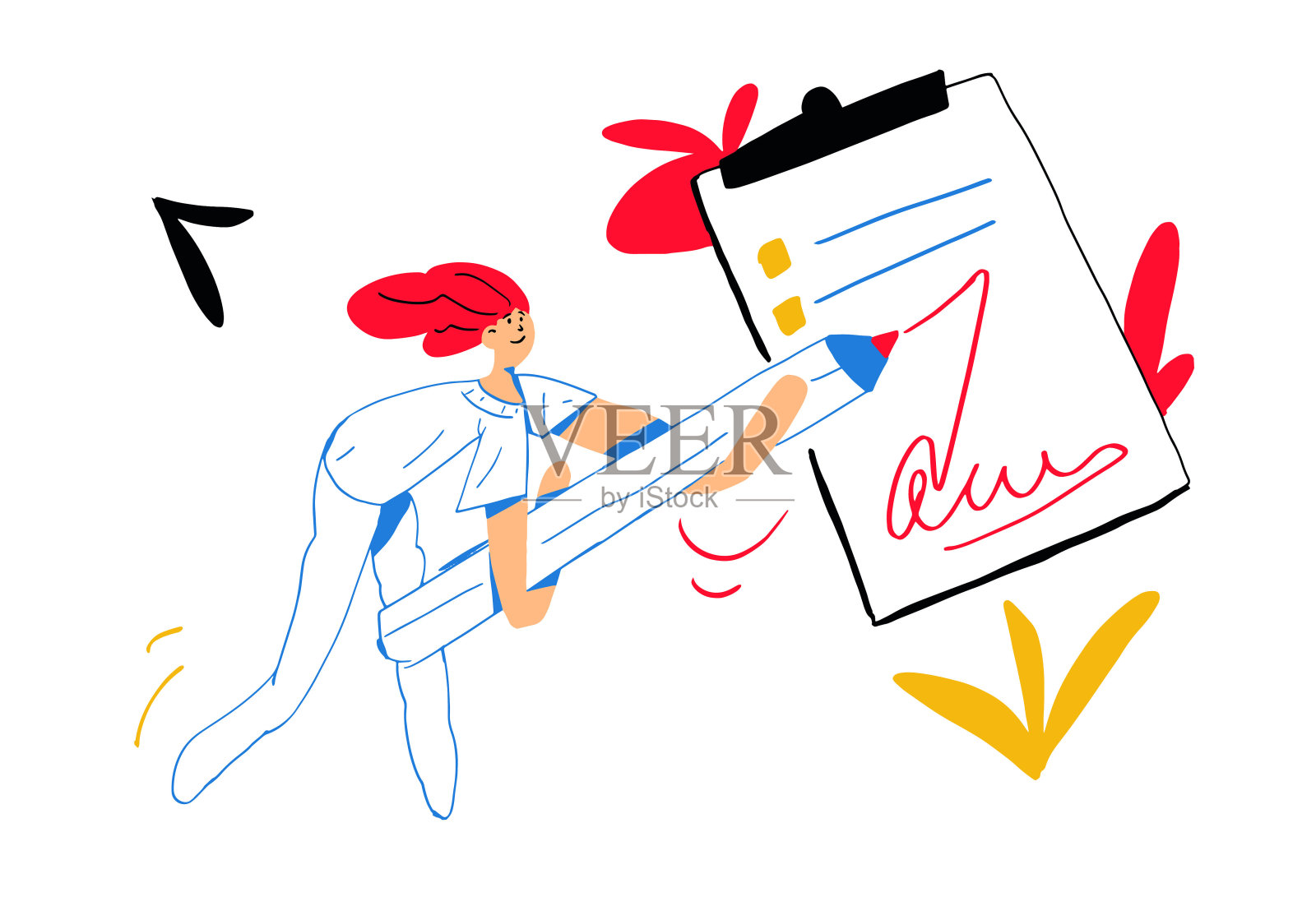 拿着巨大铅笔和签名的女人。提交的概念。原色和粗体线手绘。孤立在白色的。插画图片素材