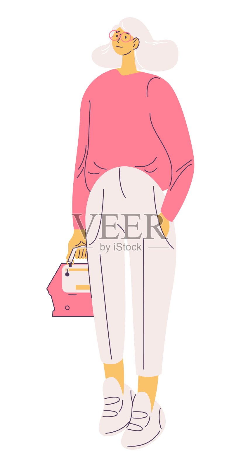 年轻女子在休闲衣服绘制在粉红色和白色和轮廓风格。矢量青少年角色孤立在白色插画图片素材