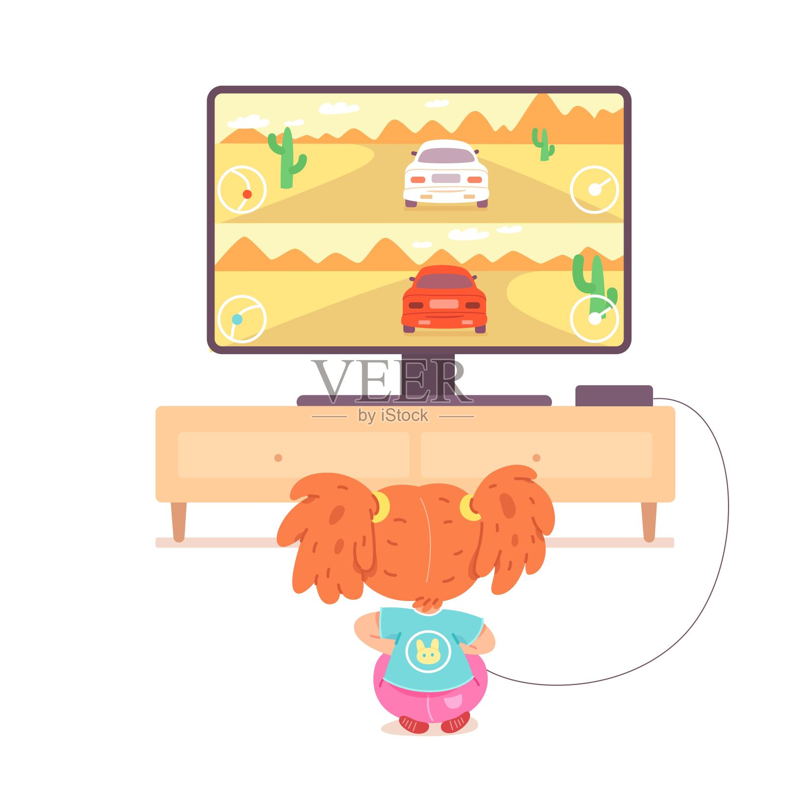 孩子在家里玩电视游戏。快乐的女孩拿着控制台和玩电子游戏的手操纵杆。娱乐在家与技术矢量插图插画图片素材