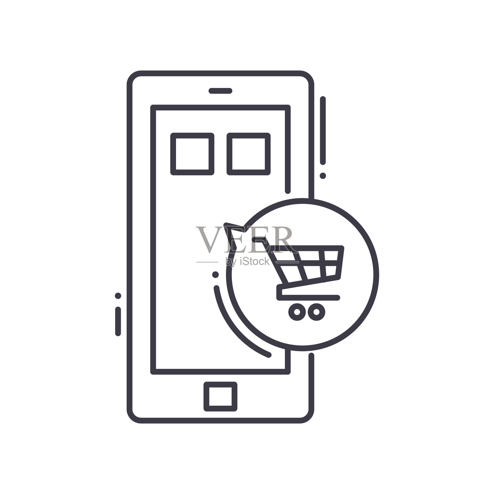 移动购物图标，线性孤立的插图，细线矢量，网页设计标志，轮廓概念符号与可编辑的白色背景笔触。插画图片素材