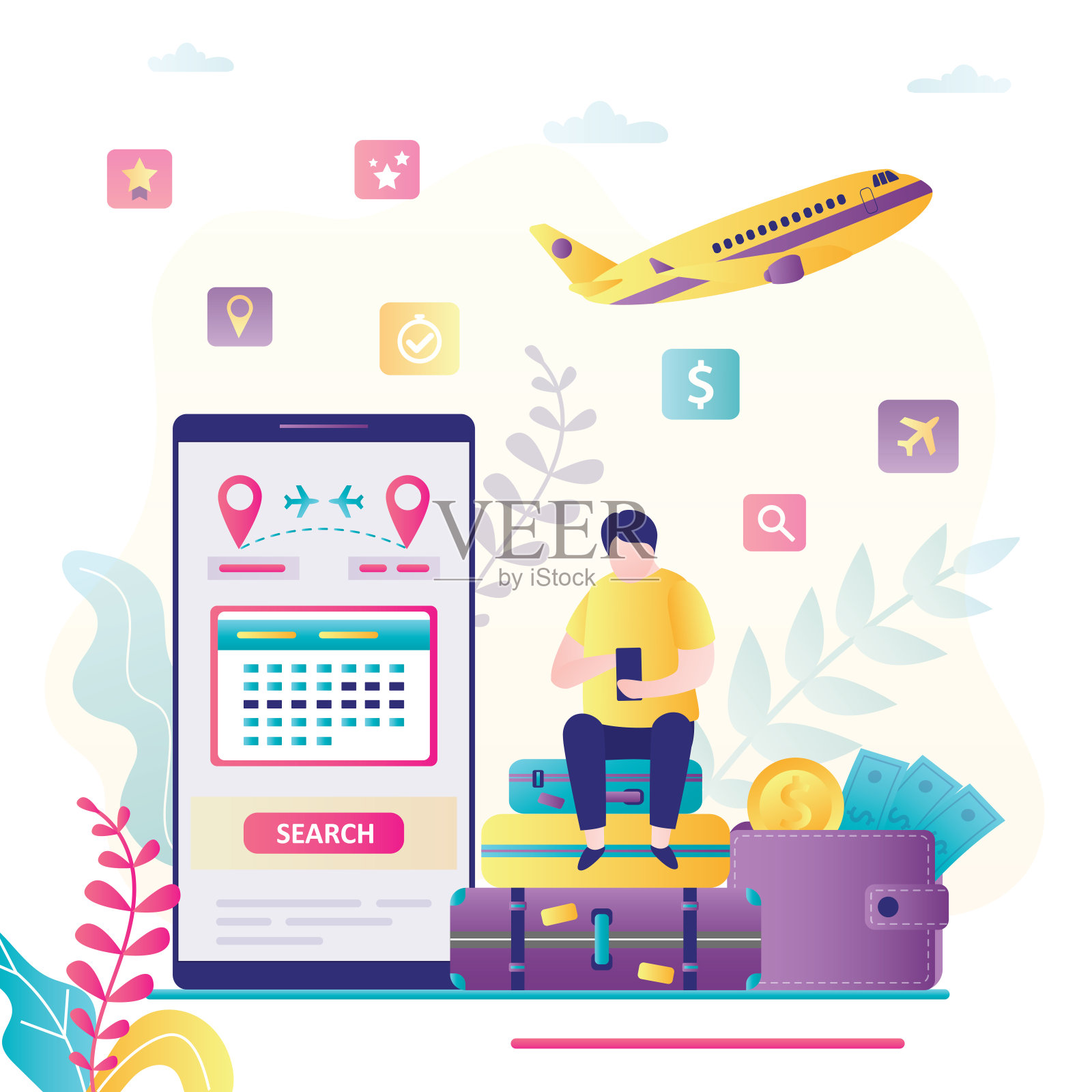 男士通过智能手机在线订票。男性角色坐在行李上，带着小玩意。通过手机屏幕搜索航班插画图片素材