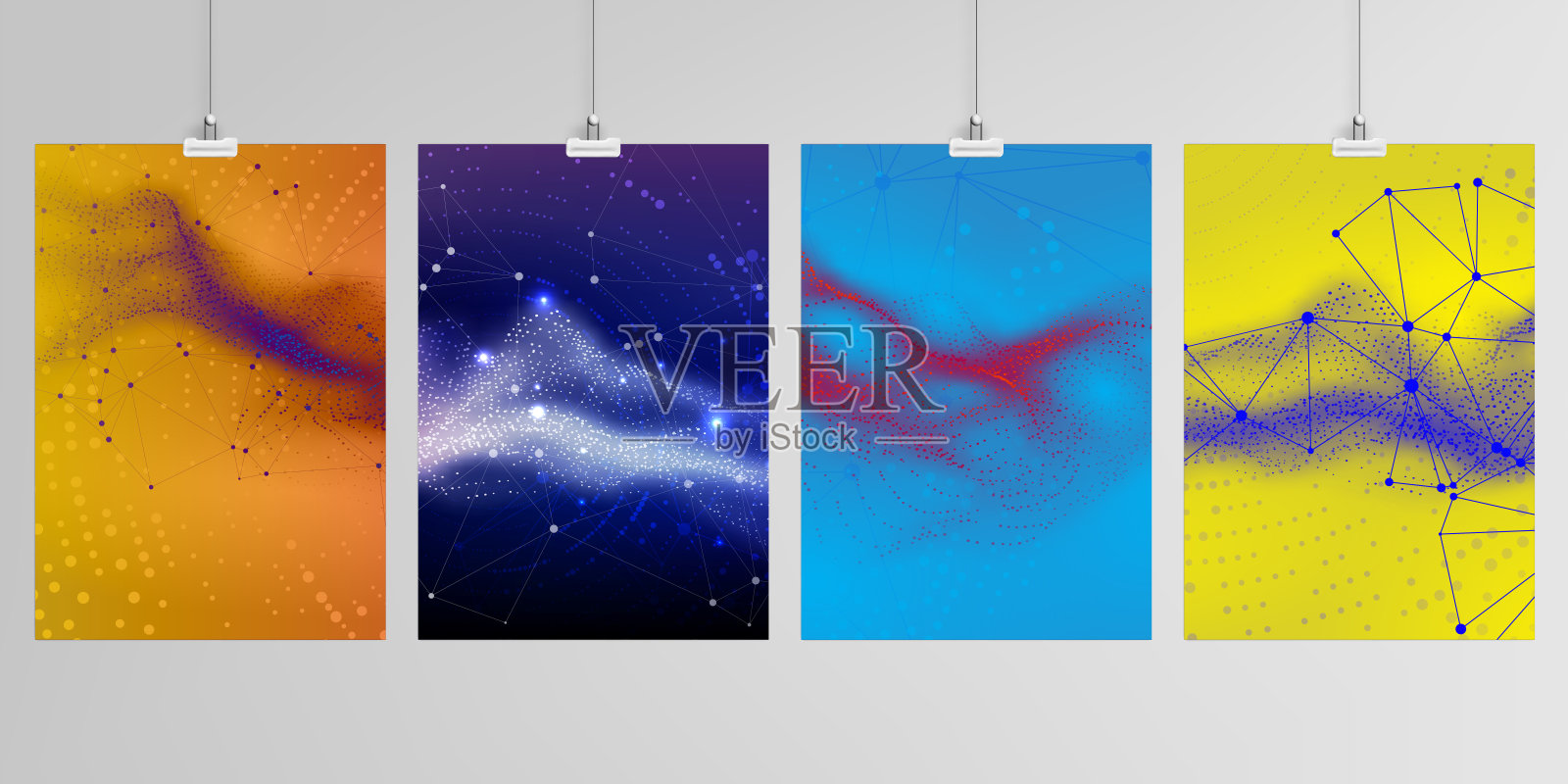 为宣传册，传单，封面设计，书，宣传册，海报A4模型模板的现实矢量布局。彩色波浪形粒子表面背景为技术或科学的网络空间概念。插画图片素材