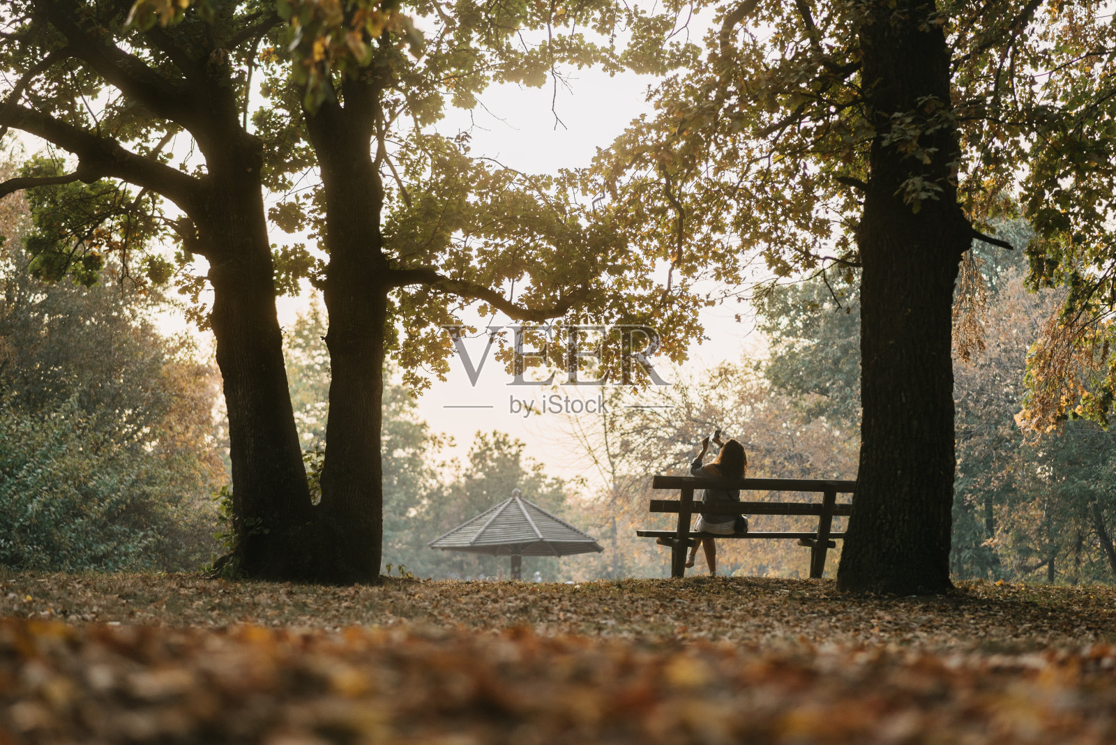 剪影女孩坐在长凳上自拍照片摄影图片