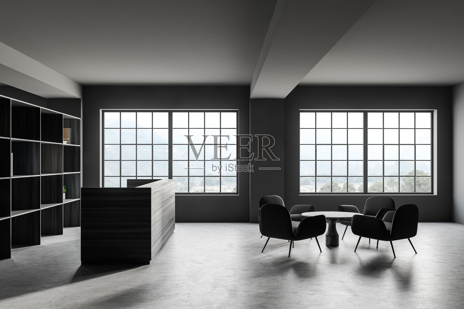 带有接待室和候车室的现代灰色办公室照片摄影图片