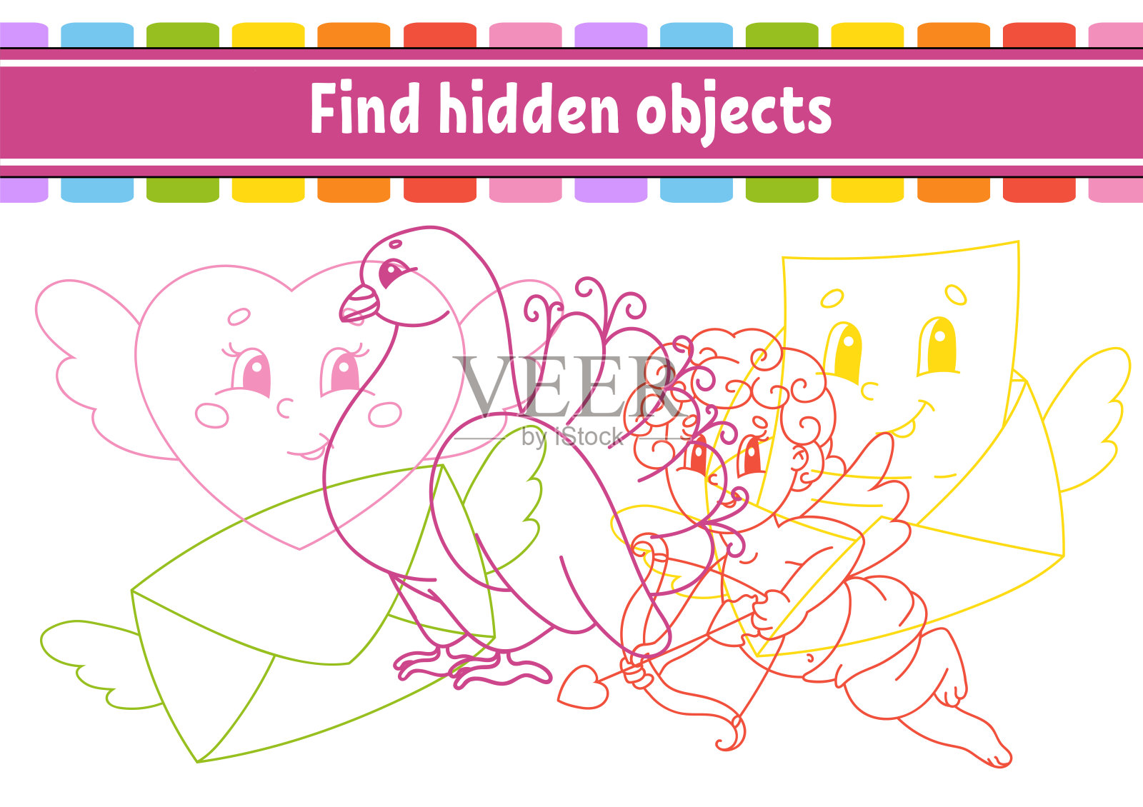 找到隐藏的对象。教育发展工作表。带有图片的活动页面。颜色轮廓。逻辑思维训练。孤立的矢量图。有趣的角色。卡通风格。插画图片素材