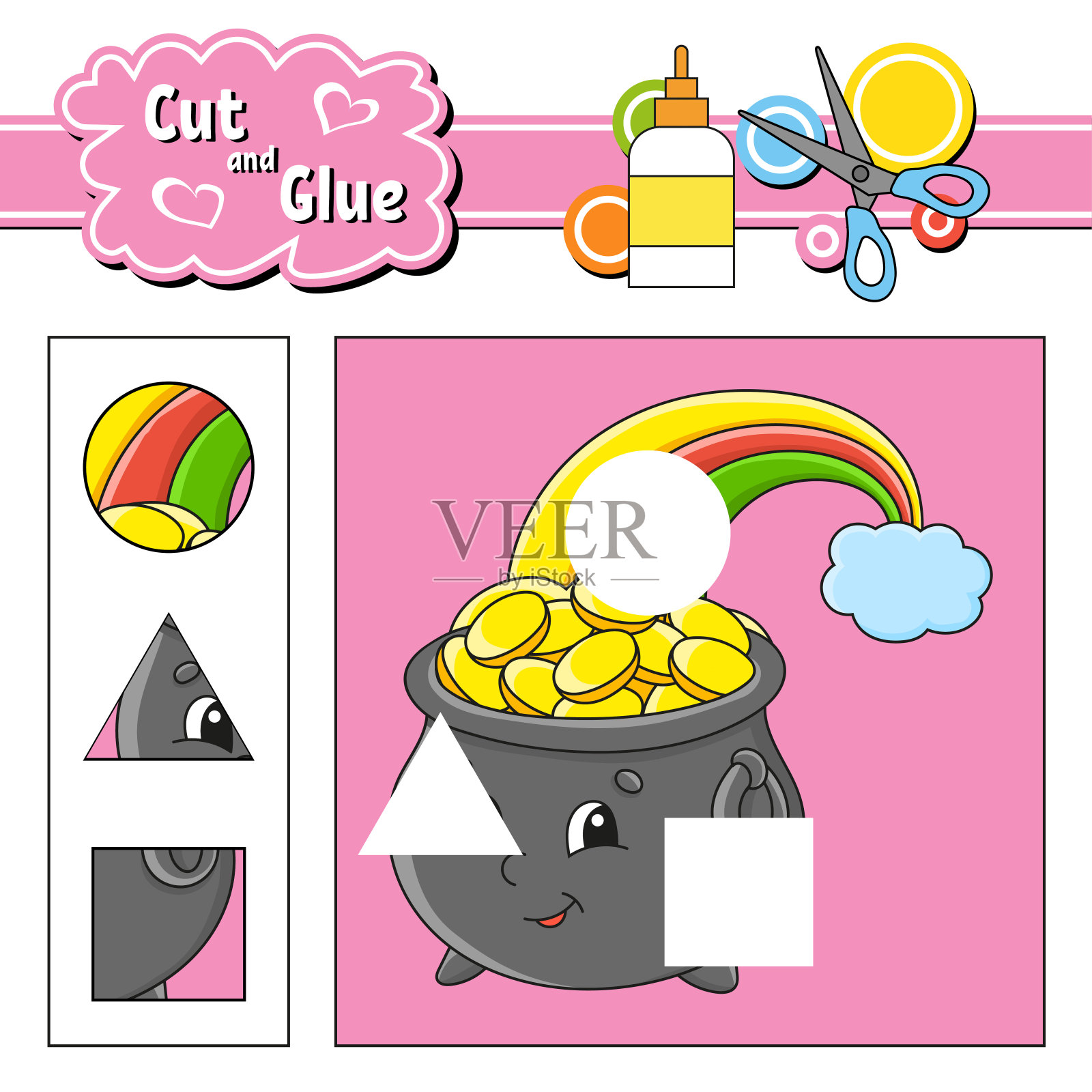 削减和胶水。游戏对孩子。教育发展工作表。卡通人物。颜色活动页面。手绘。孤立的矢量图。圣帕特里克节。插画图片素材