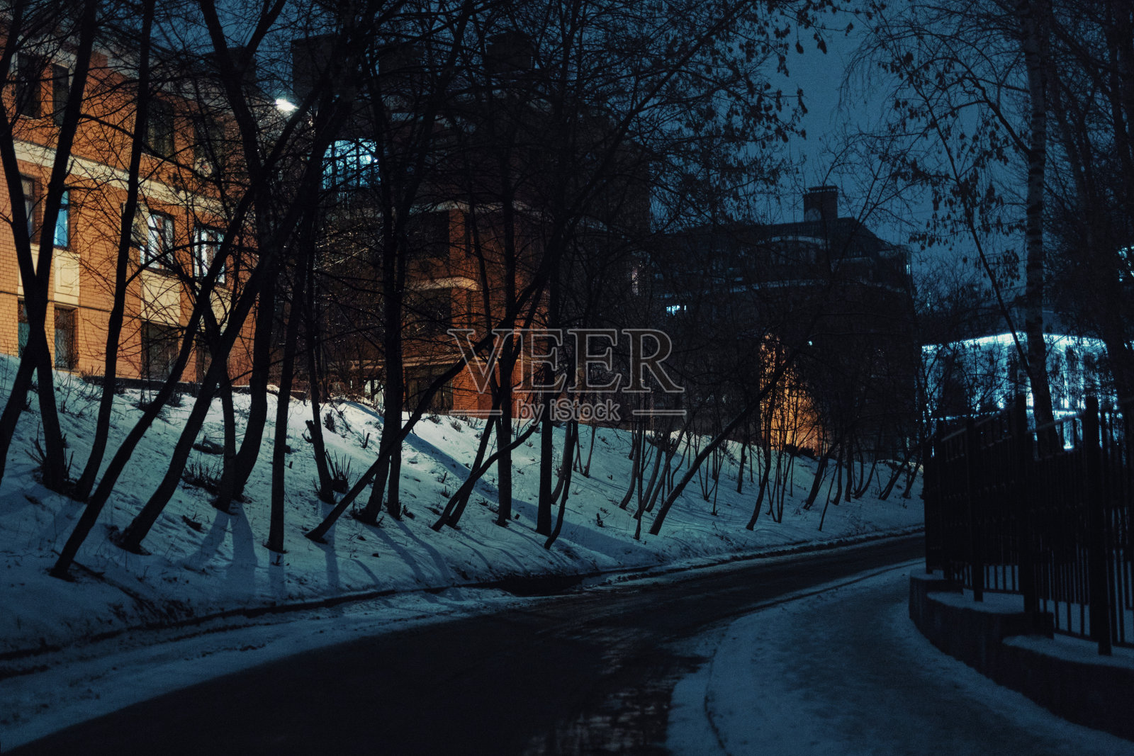黑暗而诡异的城市街道上的雪与黑色的树木照片摄影图片