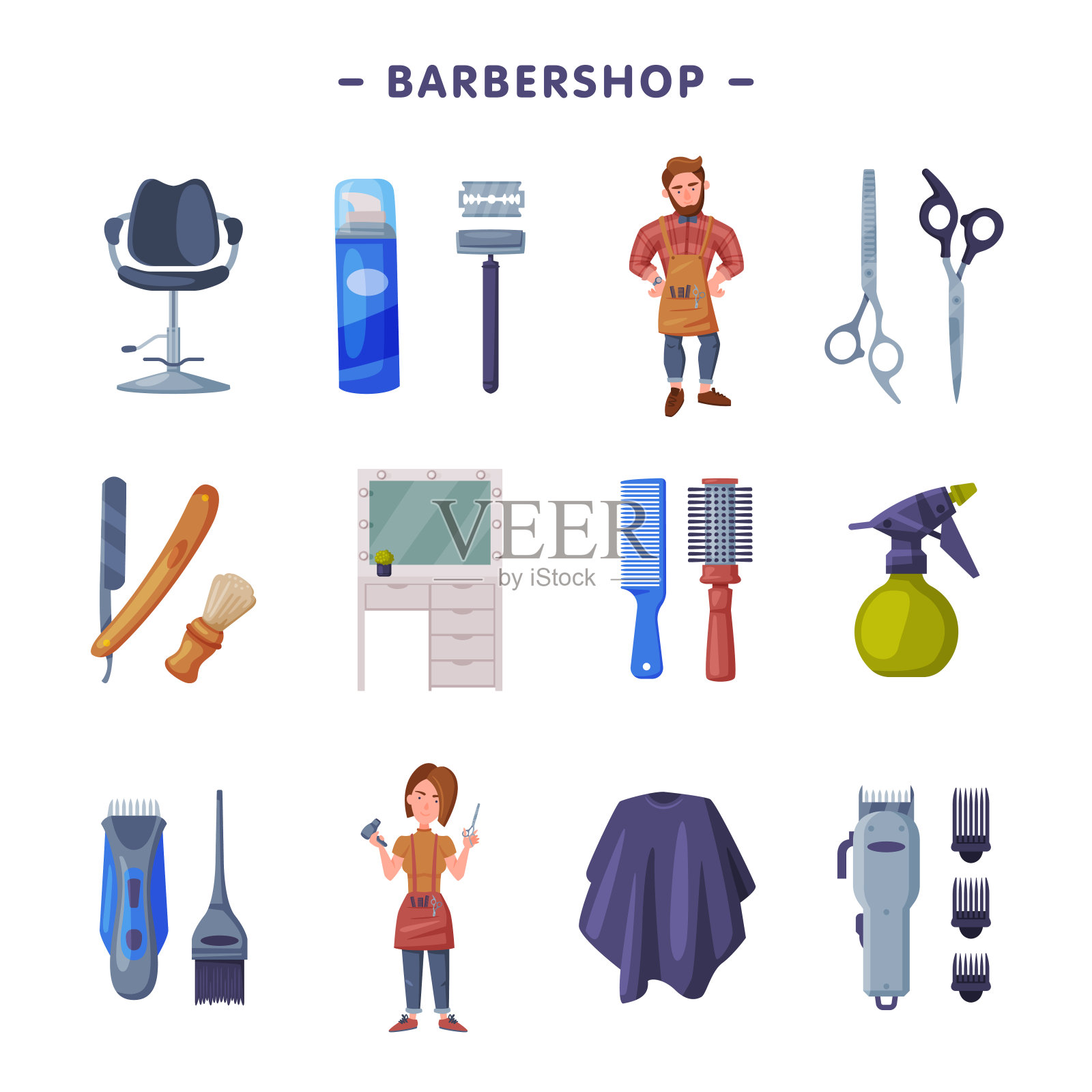 采购产品理发店套装，专业美发师和专业工具，美发沙龙，美发工作室服务设计卡通矢量插图插画图片素材