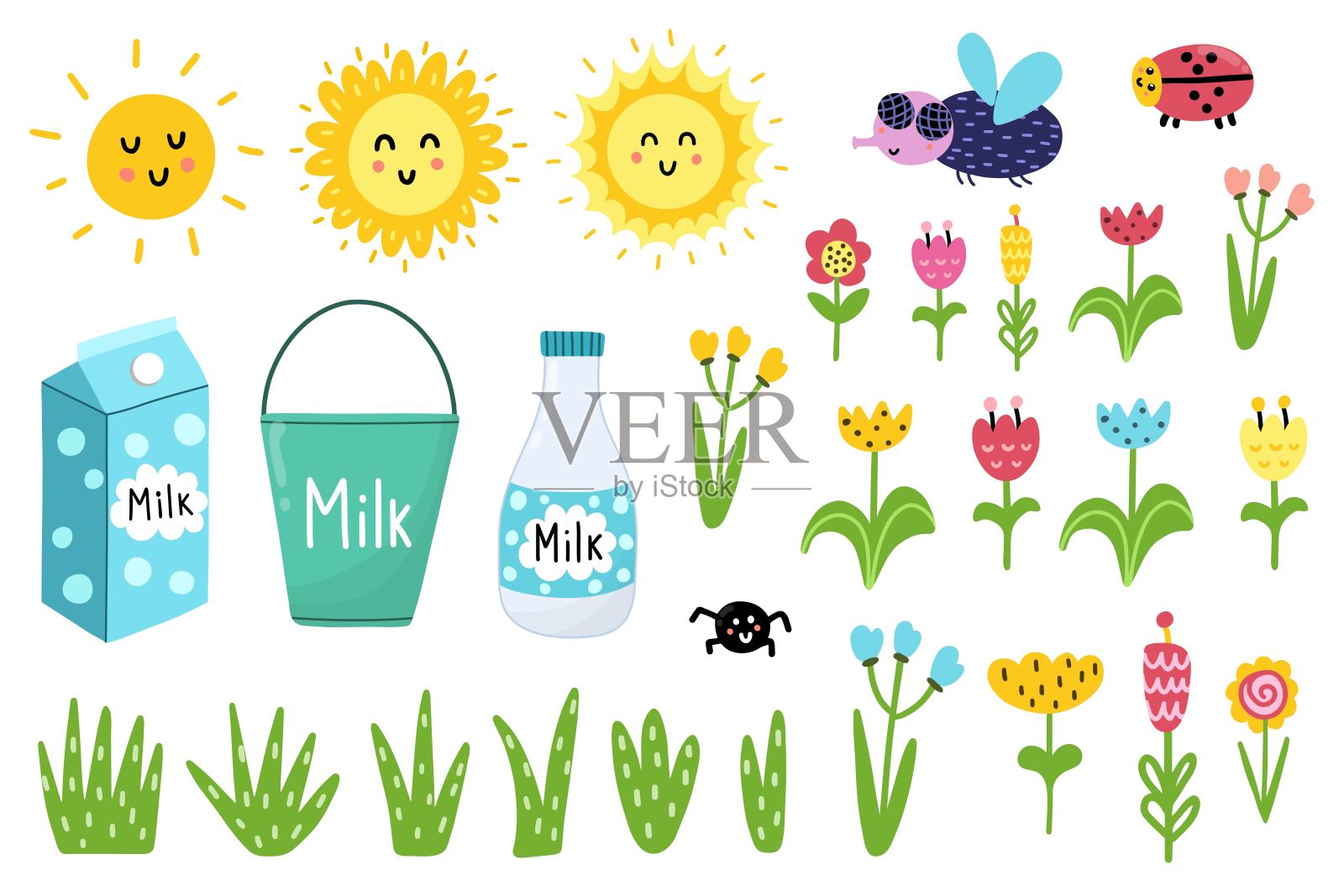 剪贴画设置与有趣的元素-太阳，苍蝇，瓢虫，花，牛奶。孤立元素收集插画图片素材