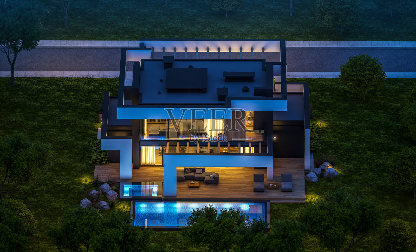 现代住宅的3d渲染，在夜晚的豪华风格照片摄影图片