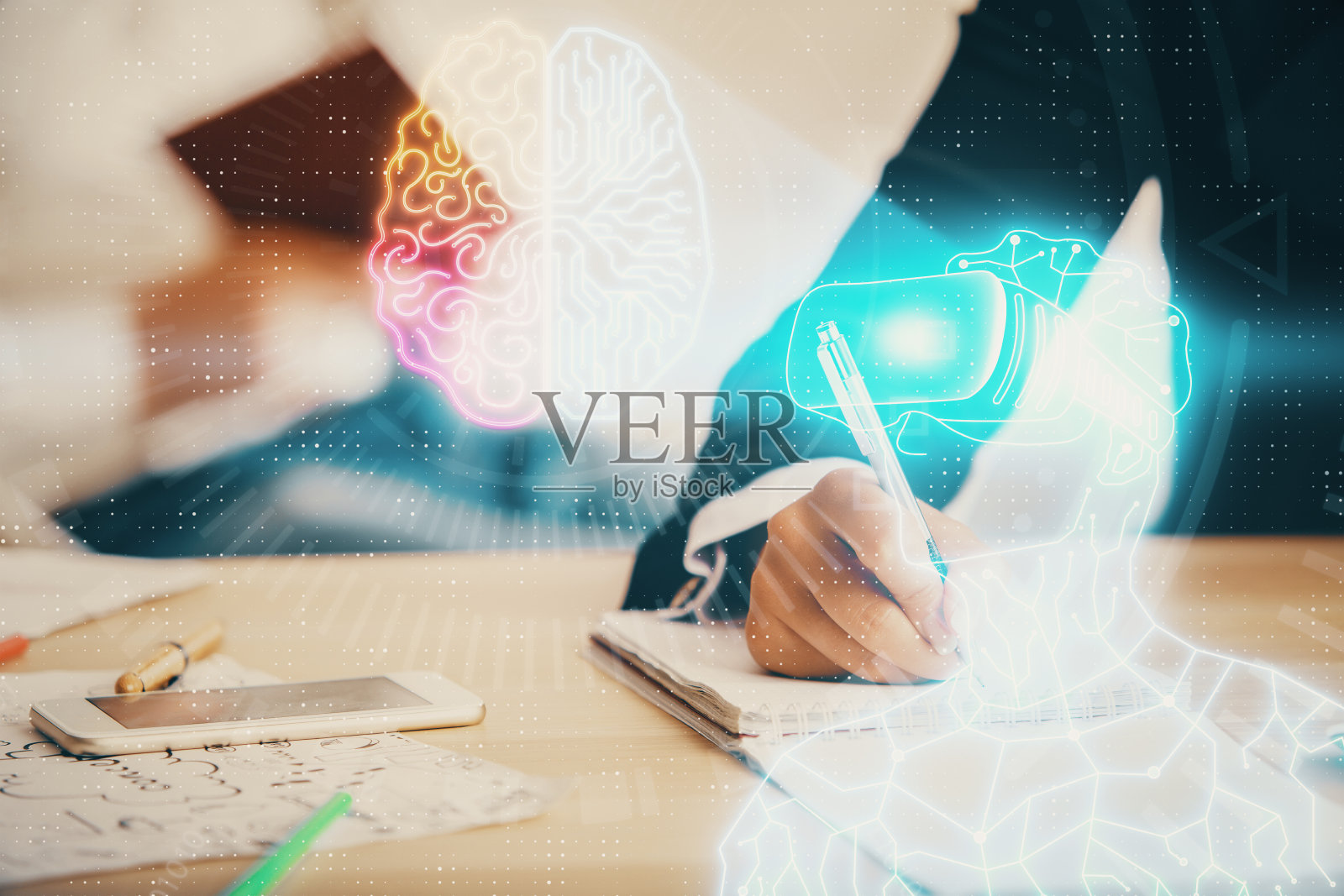 双重曝光的增强现实眼镜画在人们做笔记的背景。虚拟现实的概念照片摄影图片