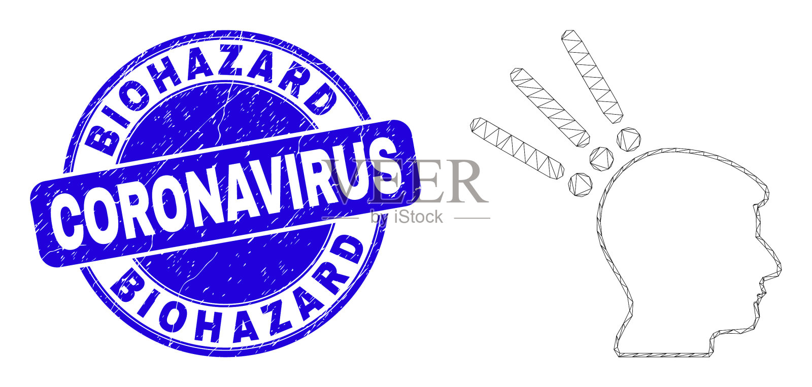 蓝色垃圾防生物危害冠状病毒印章和插画图片素材