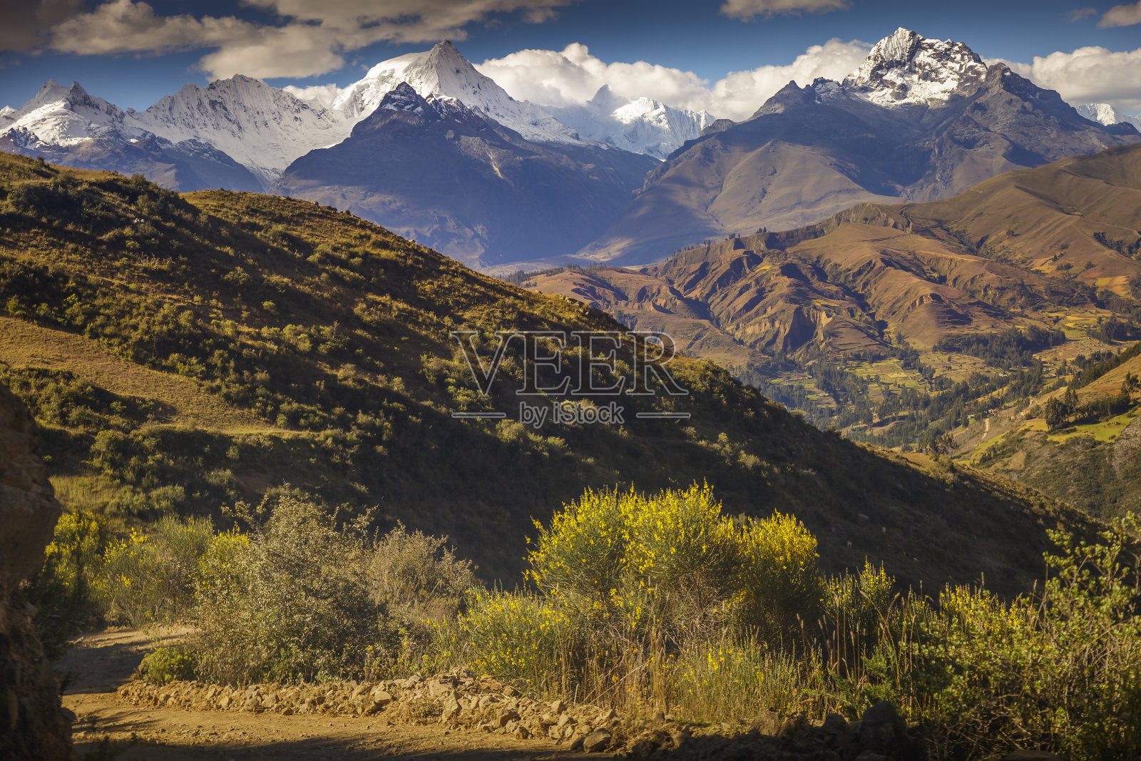 秘鲁安卡什省瓦拉斯附近的布兰卡山脉土路照片摄影图片