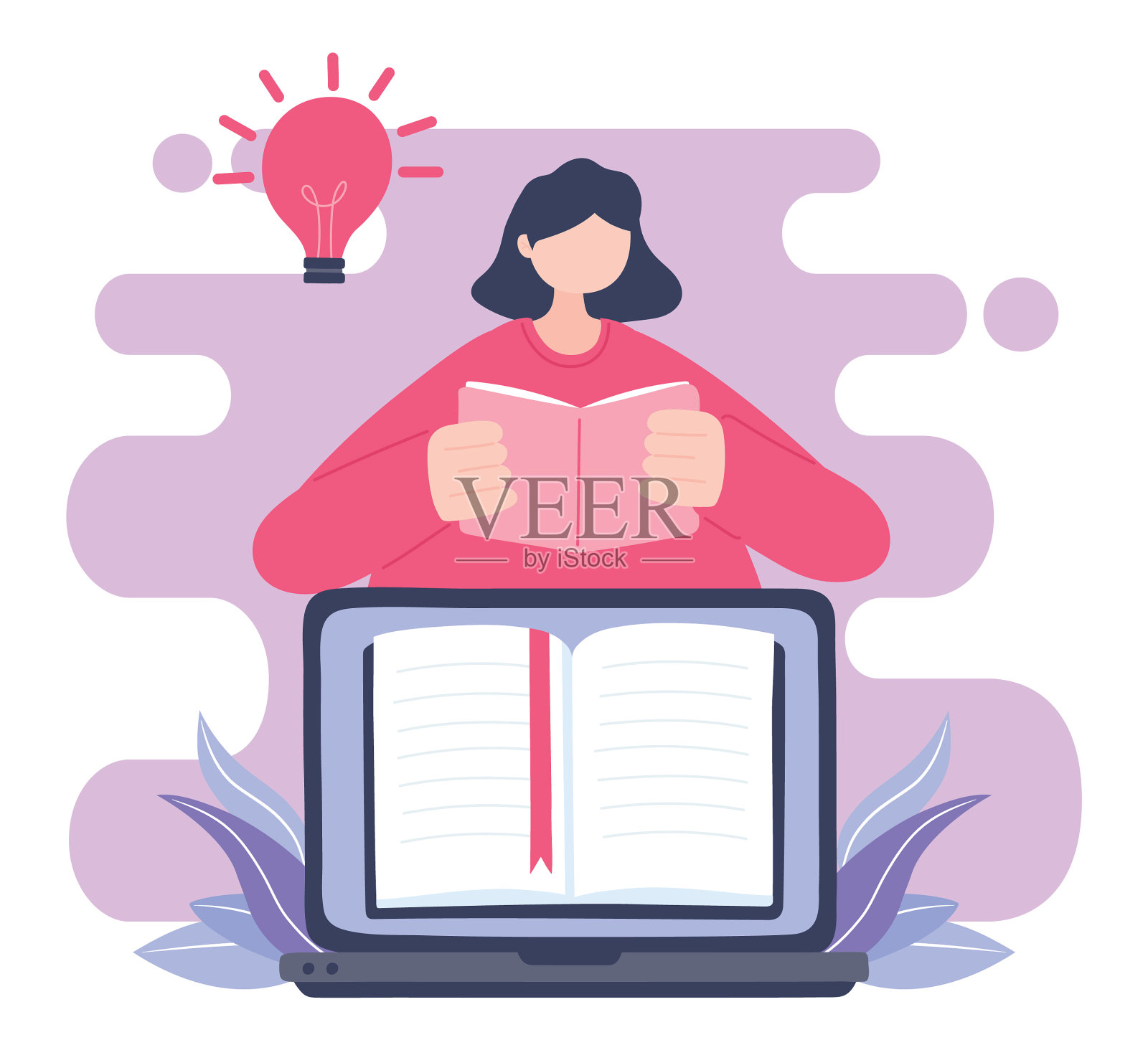 在线培训女性使用笔记本电脑和阅读设计元素图片