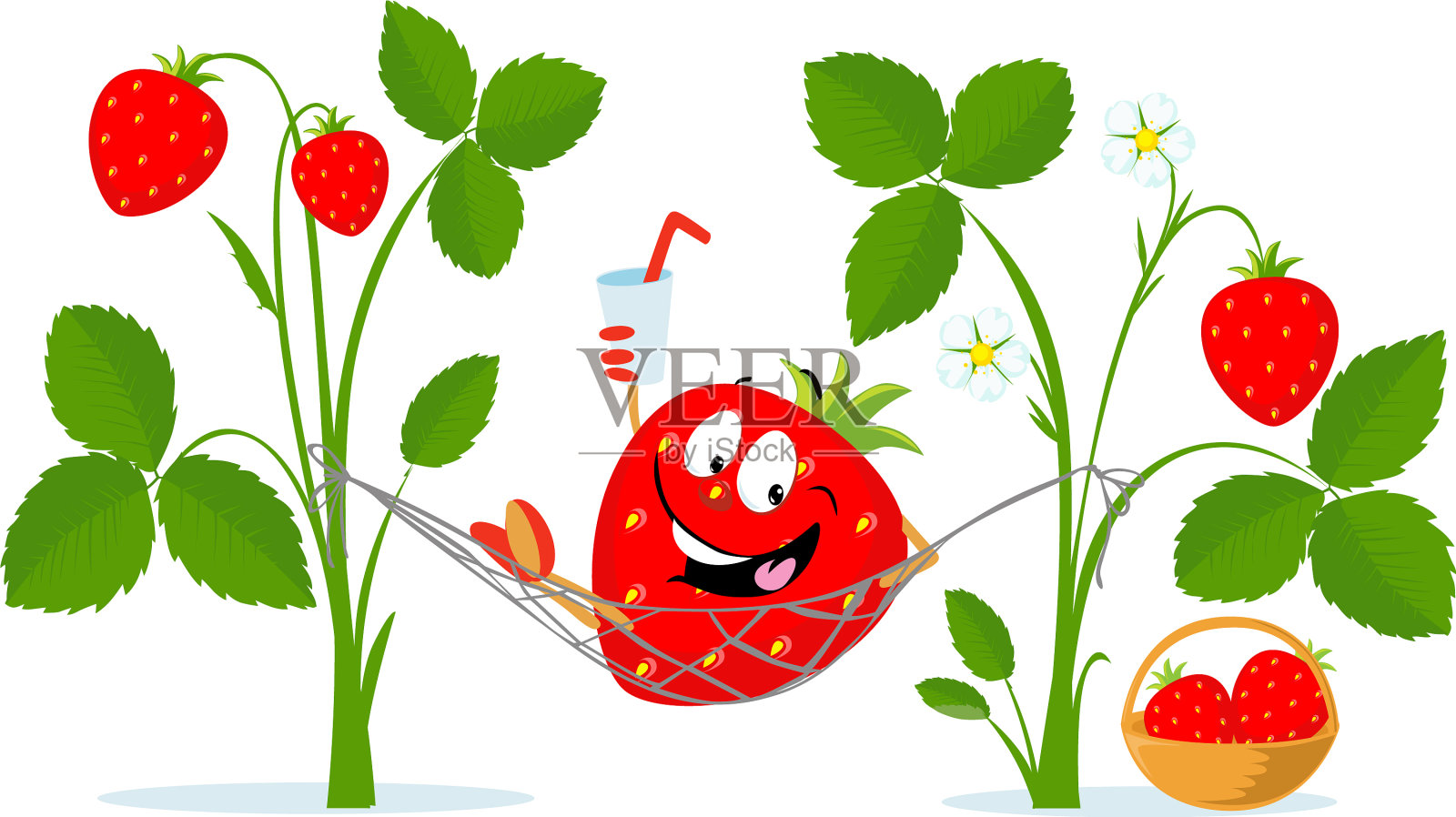 草莓人物在吊床上休息喝果汁插画图片素材