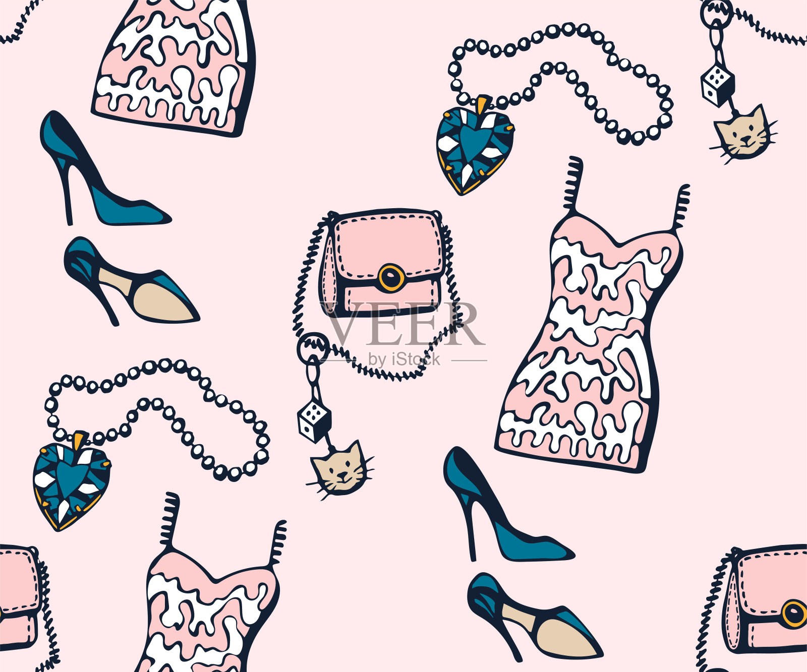 手绘矢量经典的衣服和配件。手绘墨水插图。现代装饰背景。矢量模式。印刷纺织品，布料，壁纸，剪贴簿插画图片素材