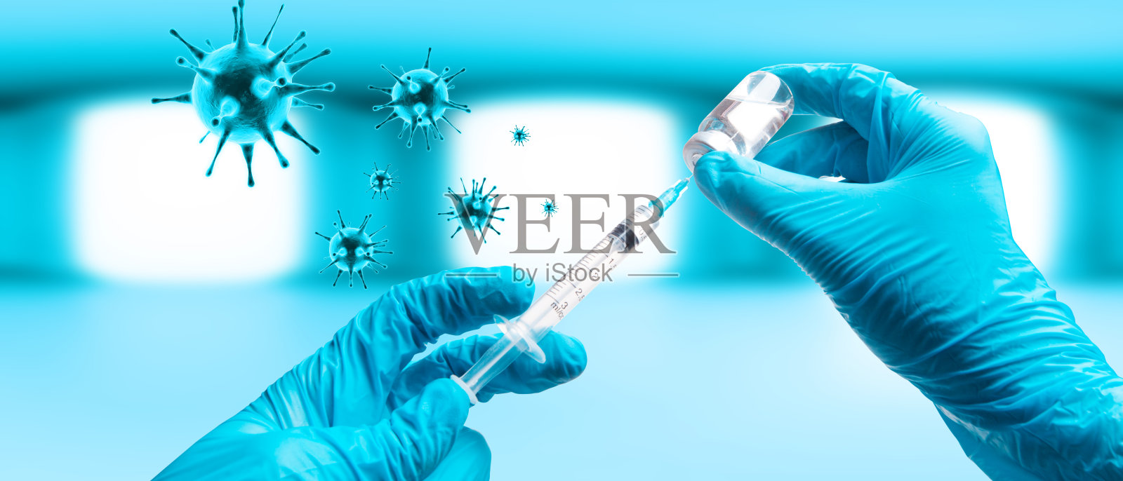 手握小提琴与疫苗对抗冠状病毒。照片摄影图片