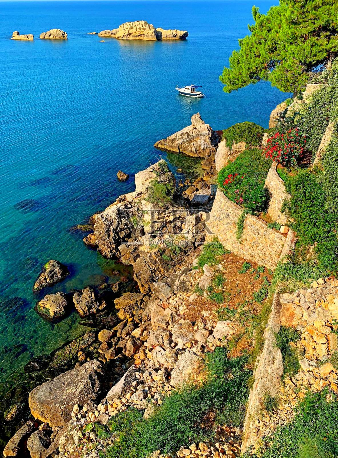 天堂岛，盛开的花园，蓝色的海洋，令人惊叹的夏日，放松，宁静，热带自然。照片摄影图片