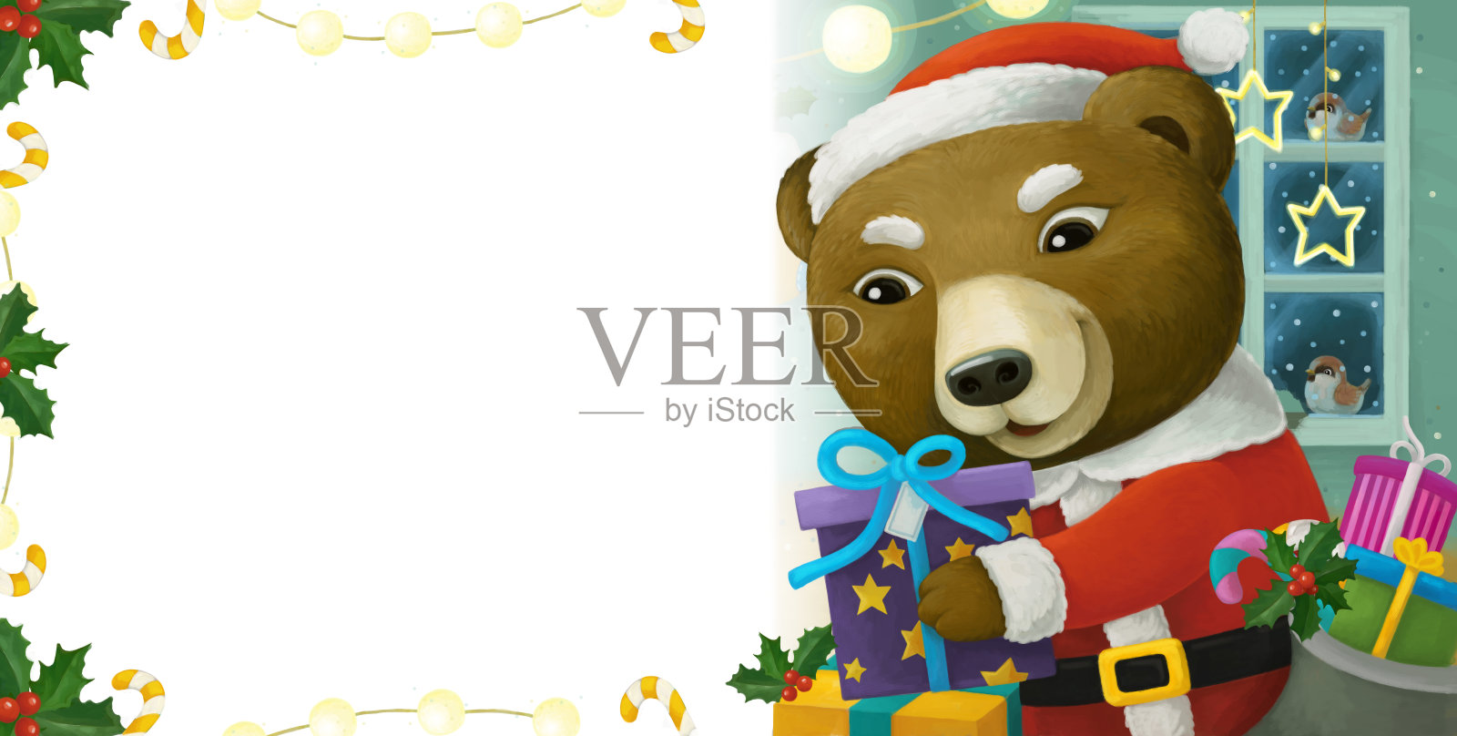 卡通场景与动物圣诞老人熊与礼物圣诞画框-插图插画图片素材
