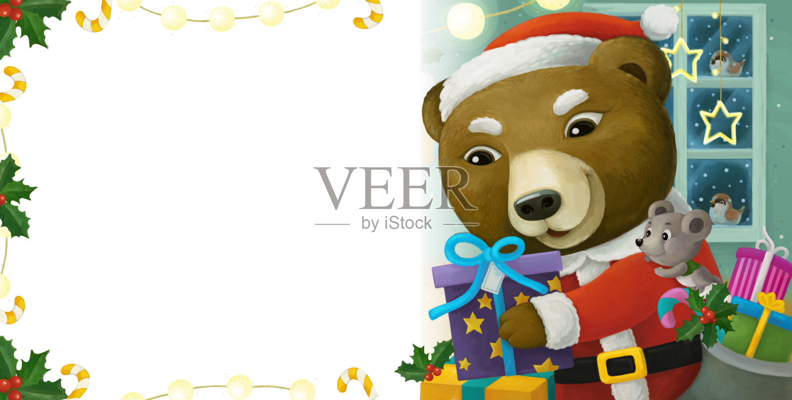 卡通场景与动物圣诞老人熊与礼物圣诞画框-插图插画图片素材