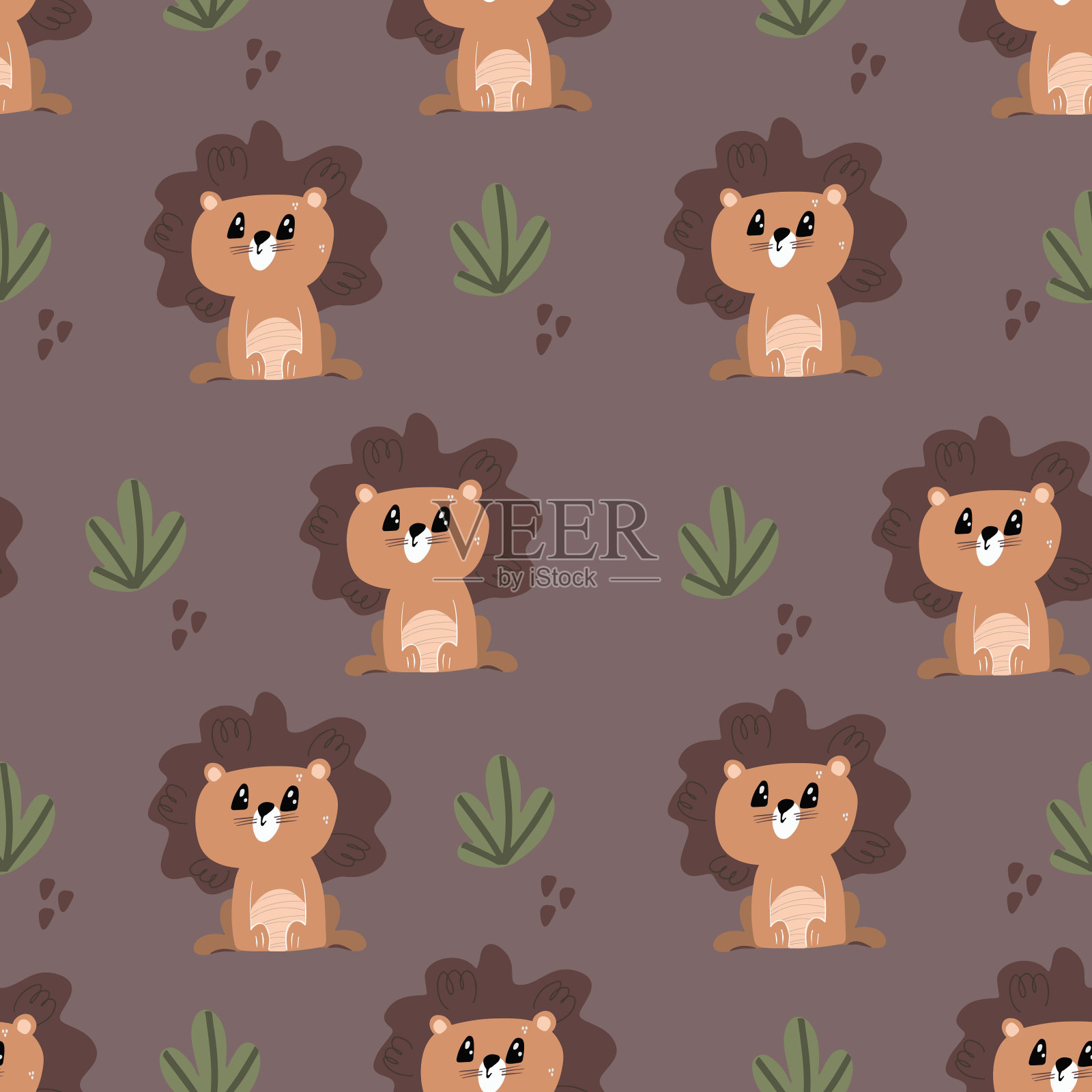 无缝背景与可爱的狮子幼崽。装饰可爱的壁纸为婴儿室在斯堪的纳维亚风格。适合儿童服装、室内设计、包装、印刷。设计元素图片