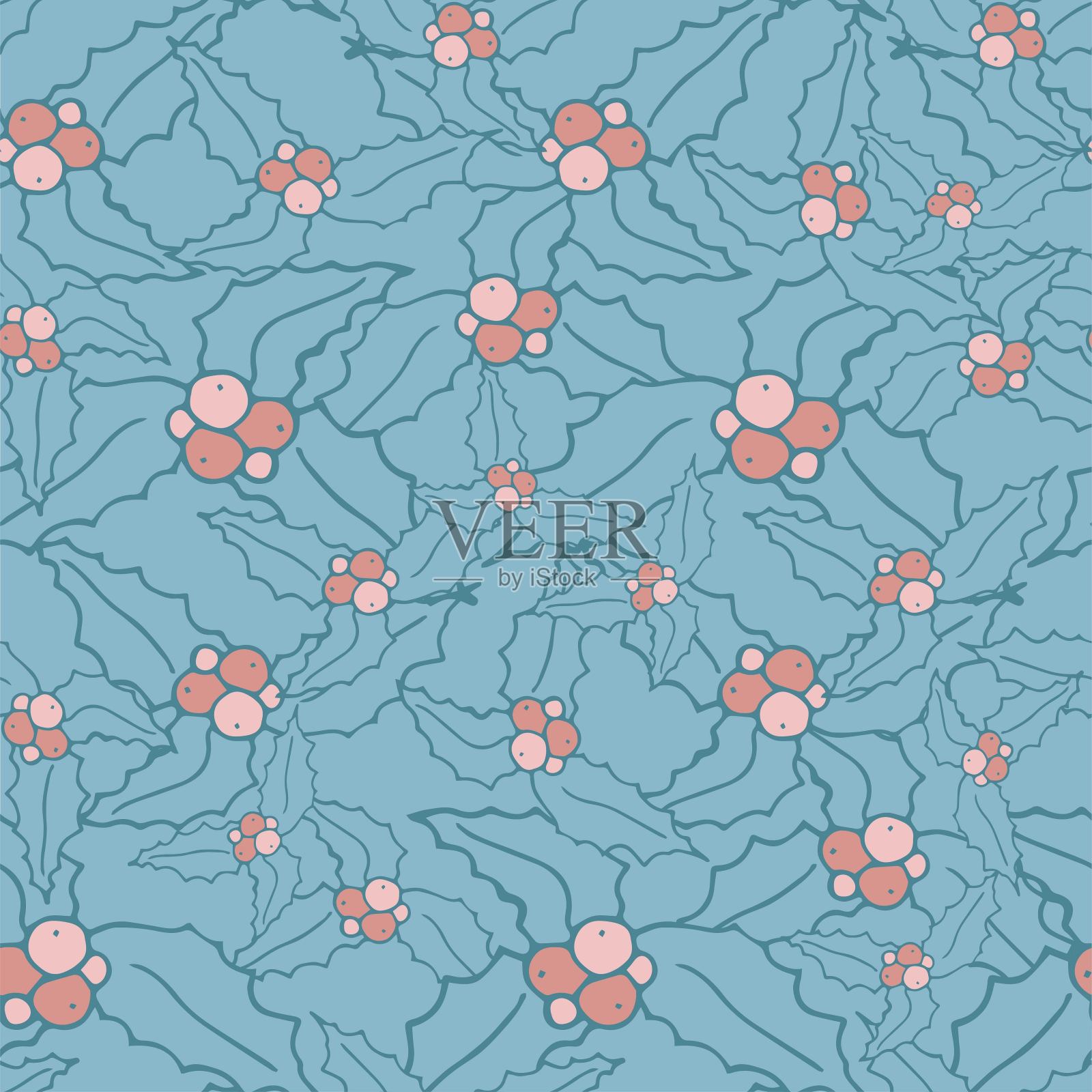 冬青无缝图案粉蓝色粉彩图案为网，为印刷，为包装纸插画图片素材