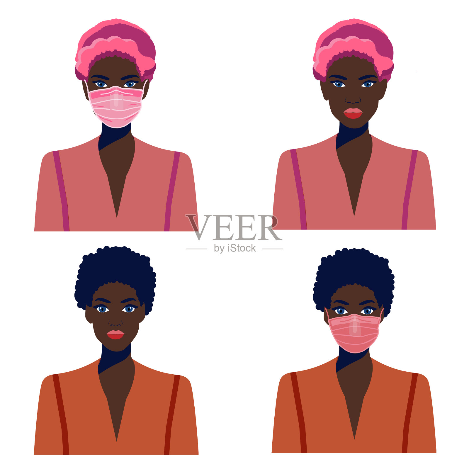 戴口罩的非洲裔美国女孩插画图片素材