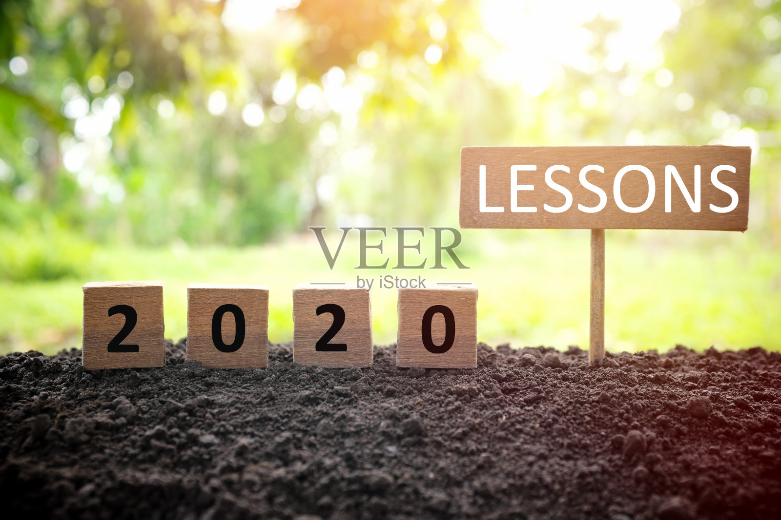 从2020年的概念中吸取人生经验和教训。夕阳西下时，树枝上只剩下最后一片叶子，旁边挂着一个2020学习木块。照片摄影图片