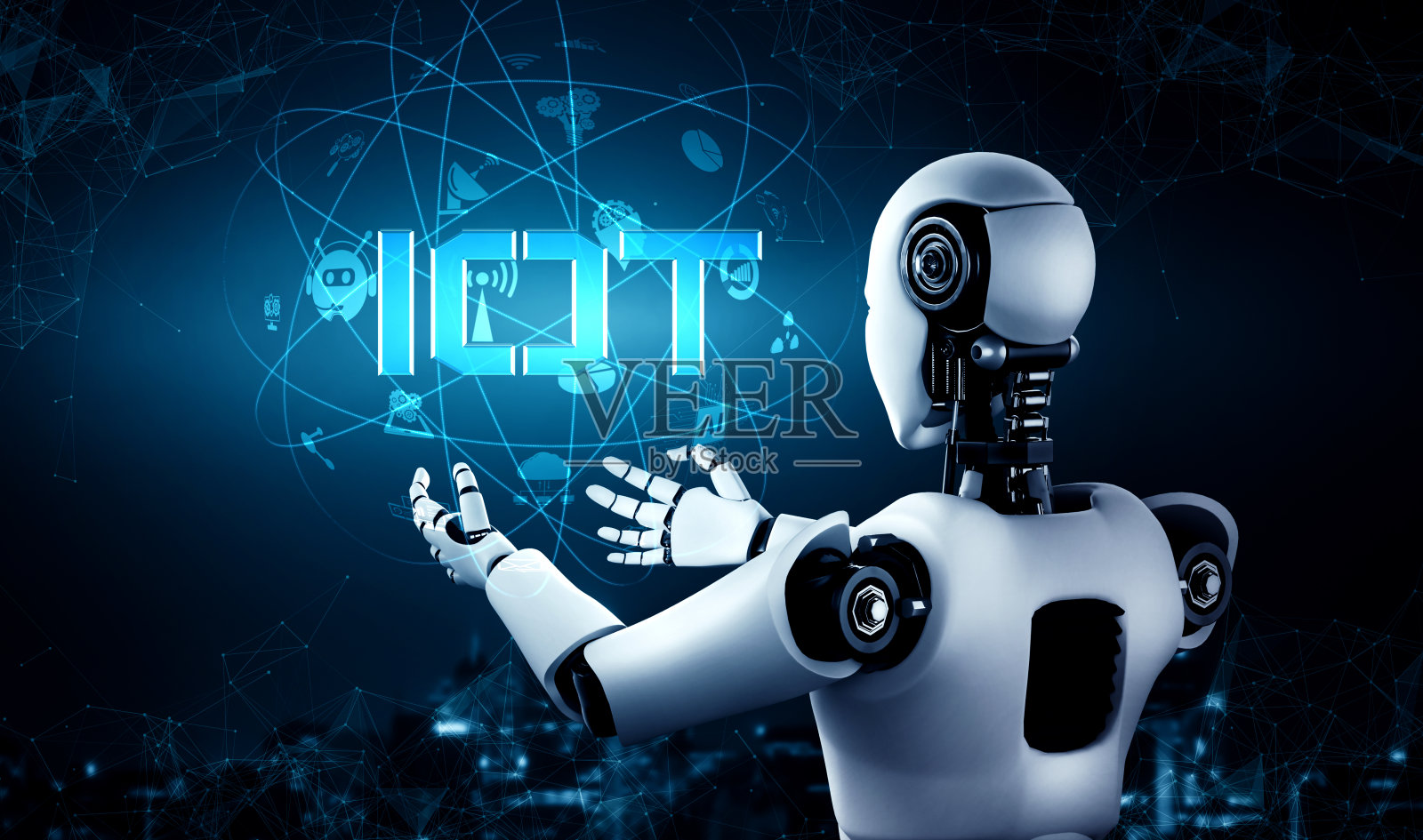 人工智能机器人控制的网络连接和机器学习过程照片摄影图片